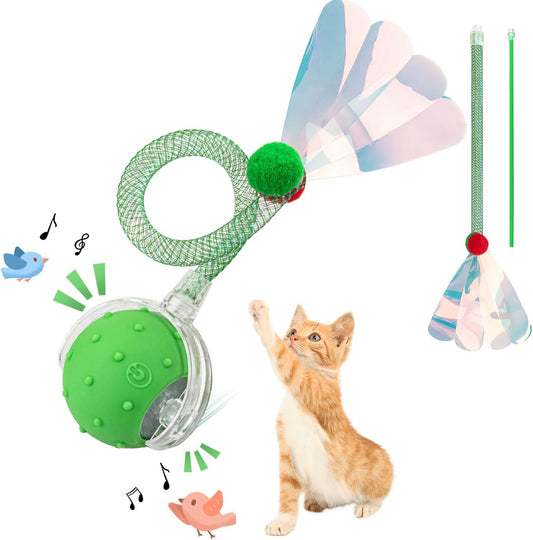 Interactive Cat Toys Ball for Indoor Cats, Automatic Agile Rolling Cat Ball with Elastic Mesh Tail, Bird Chirping & Motion Activated, 2 Tail Accessories, Kitten Toy for Bored (Green)