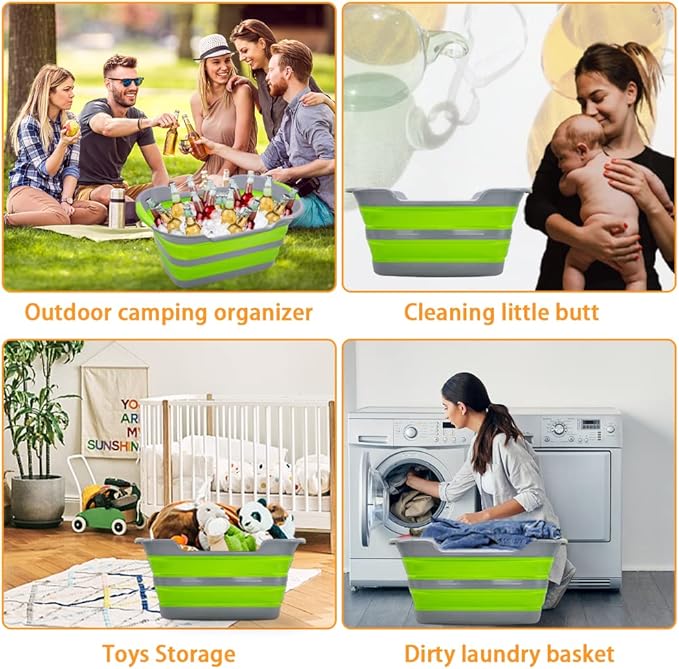 Multipurpose Collapsible Pet Bathtub with Drainage Hole for Puppy Small Dogs Cats, Portable Laundry Basket-Foldable Bathing Tub-Storage Organizer, 7.1 Gal/27L (Green,1)