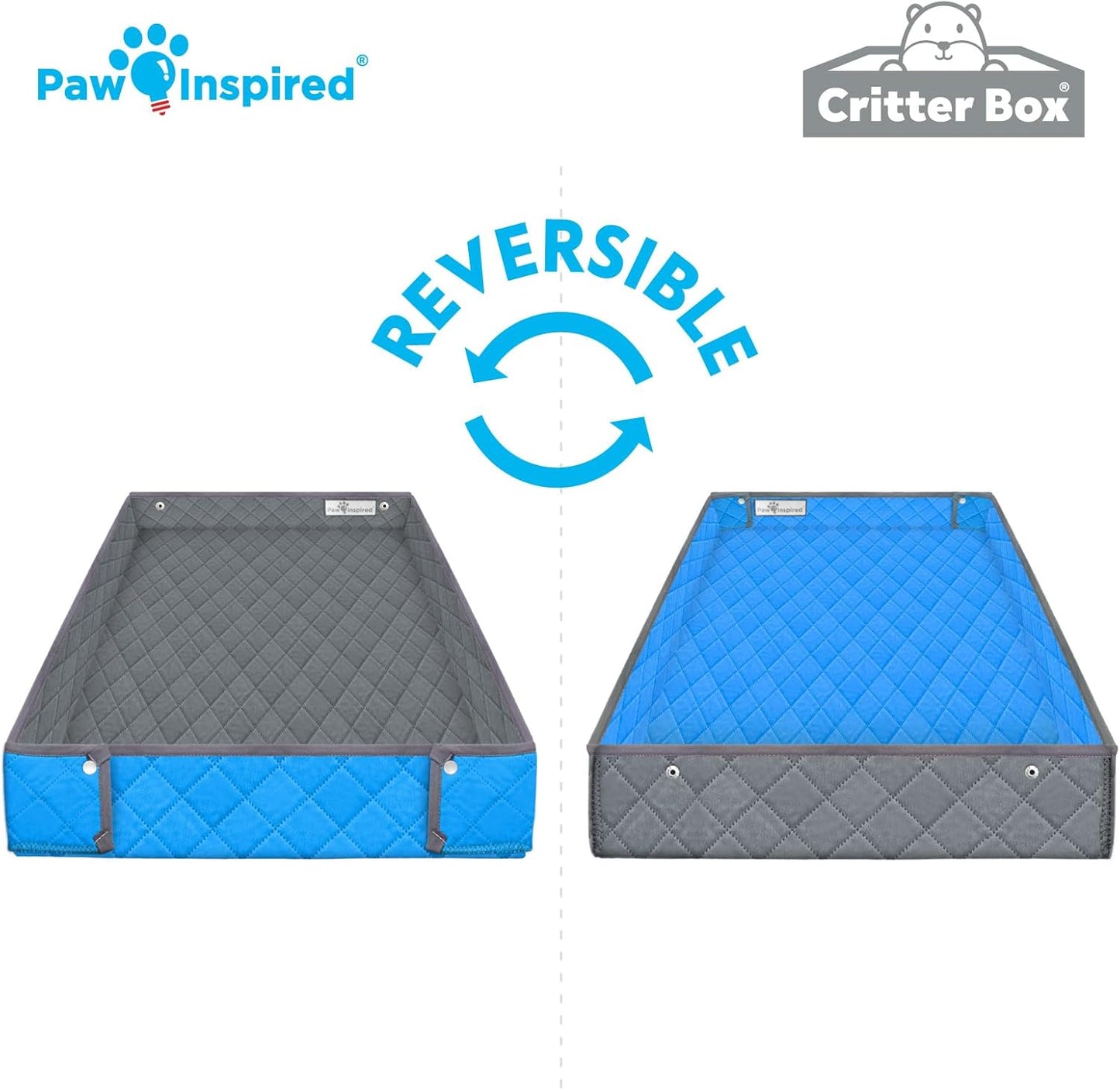 Paw Inspired Critter Box Washable Cage Liner, Reversible Fleece Bedding with Raised Sides for Ferrets, Guinea Pigs, Rats, Chinchillas, and Other Small Animals (Critter Nation/Ferret Nation, Gray/Blue)