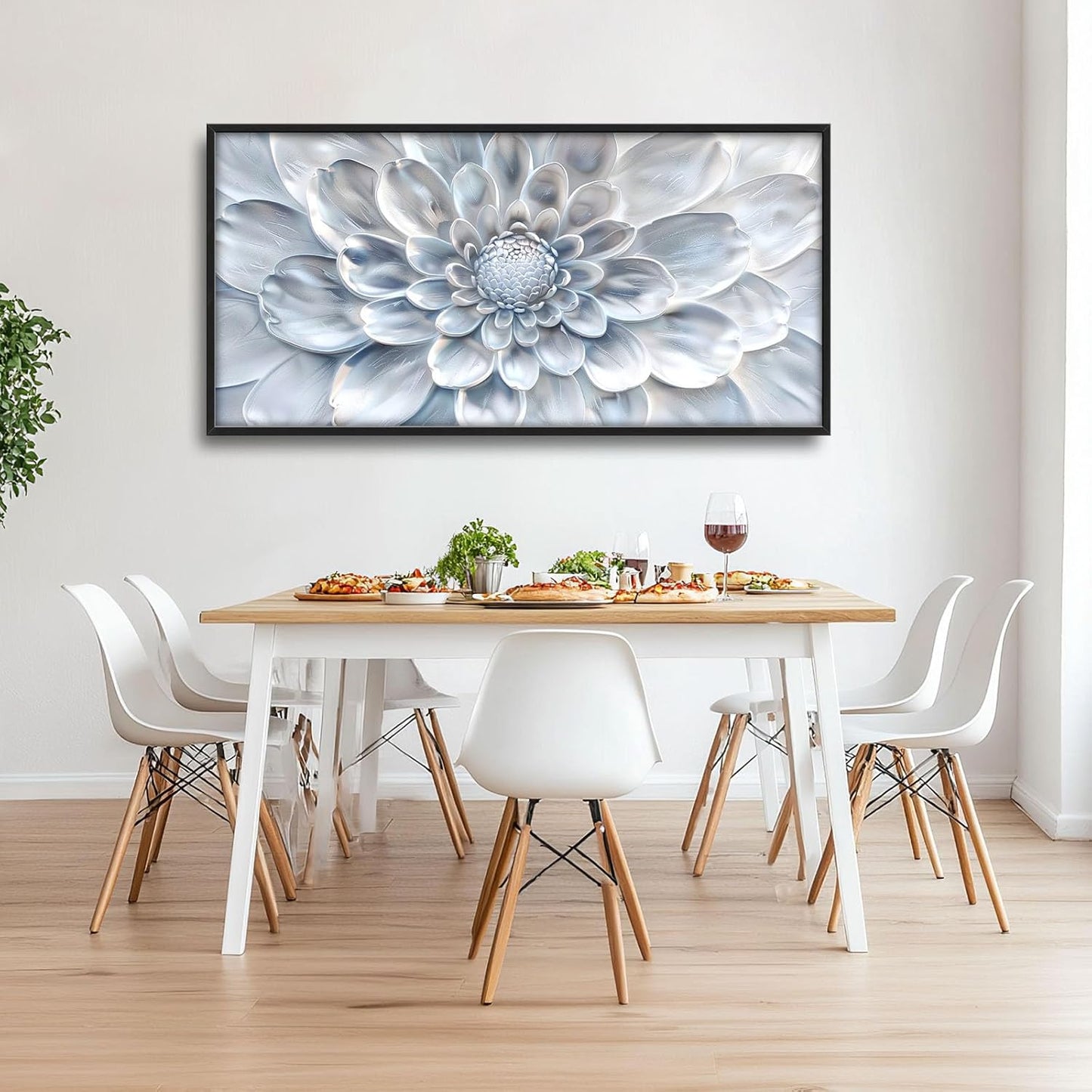Abstract Flower Large Wall Art White Silver Floral Pictures Wall Decor Neutral Canvas Print Painting Artwork for Bathroom Living Room Bedroom 60L" x 30W"