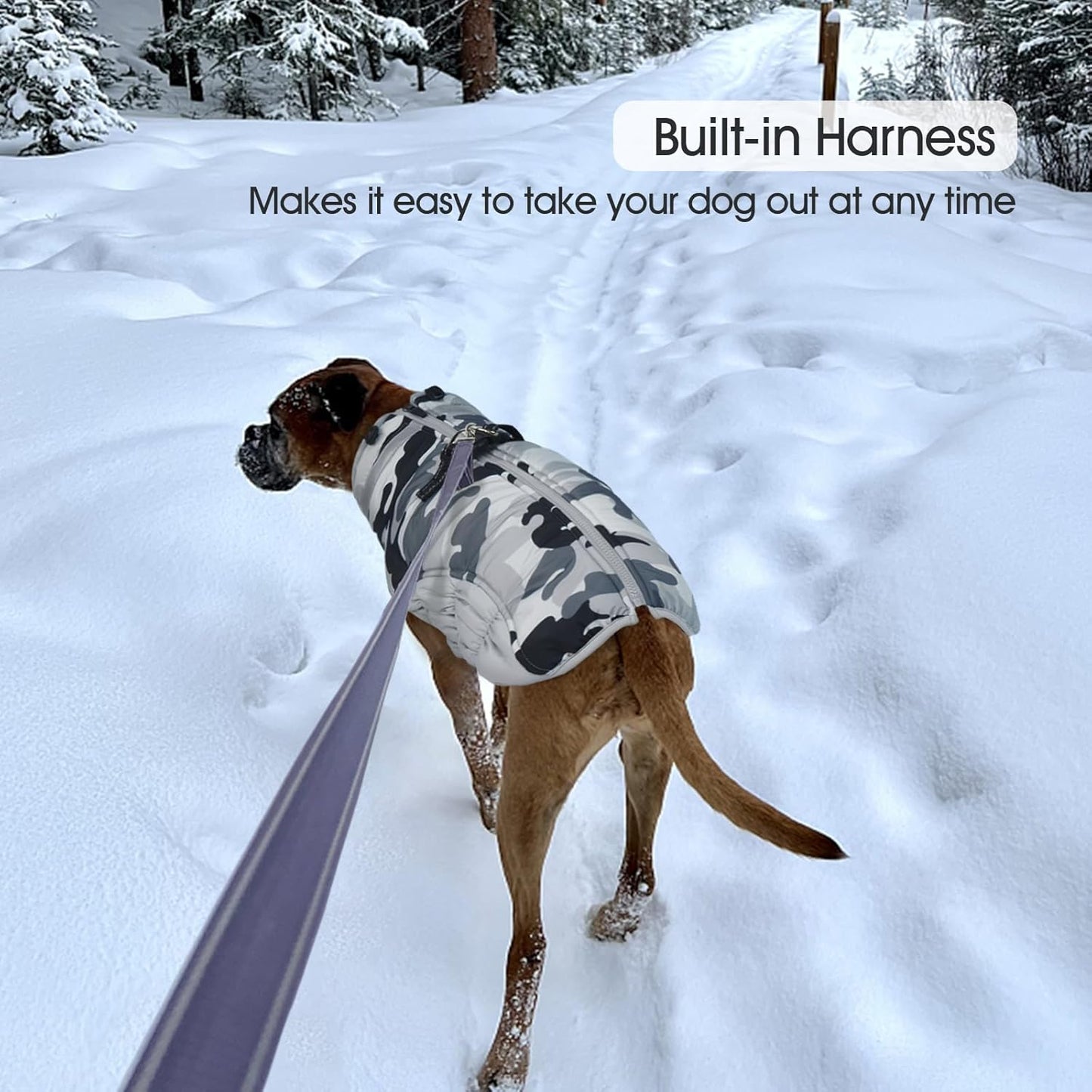 FUAMEY Dog Coat for Large Dogs,Waterproof Dog Winter Jacket with Harness Built in Puppy Cold Weather Coats Reflective Pet Vest with Zipper Warm Fleece Dogs Snowsuit Windproof Grey Camo XXXL