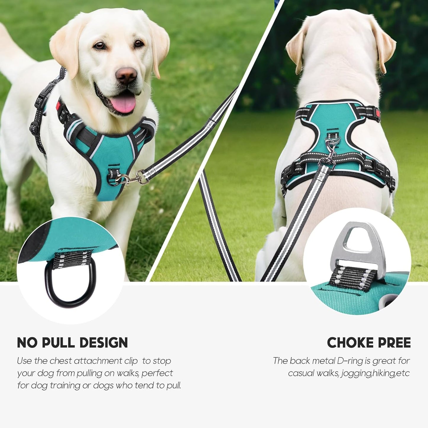 Timos Dog Harness, No-Pull Pet Harness with 2 Leash Clips, Adjustable Soft Padded Dog Vest, Reflective Outdoor Pet Oxford Vest with Easy Control Handle Turquoise