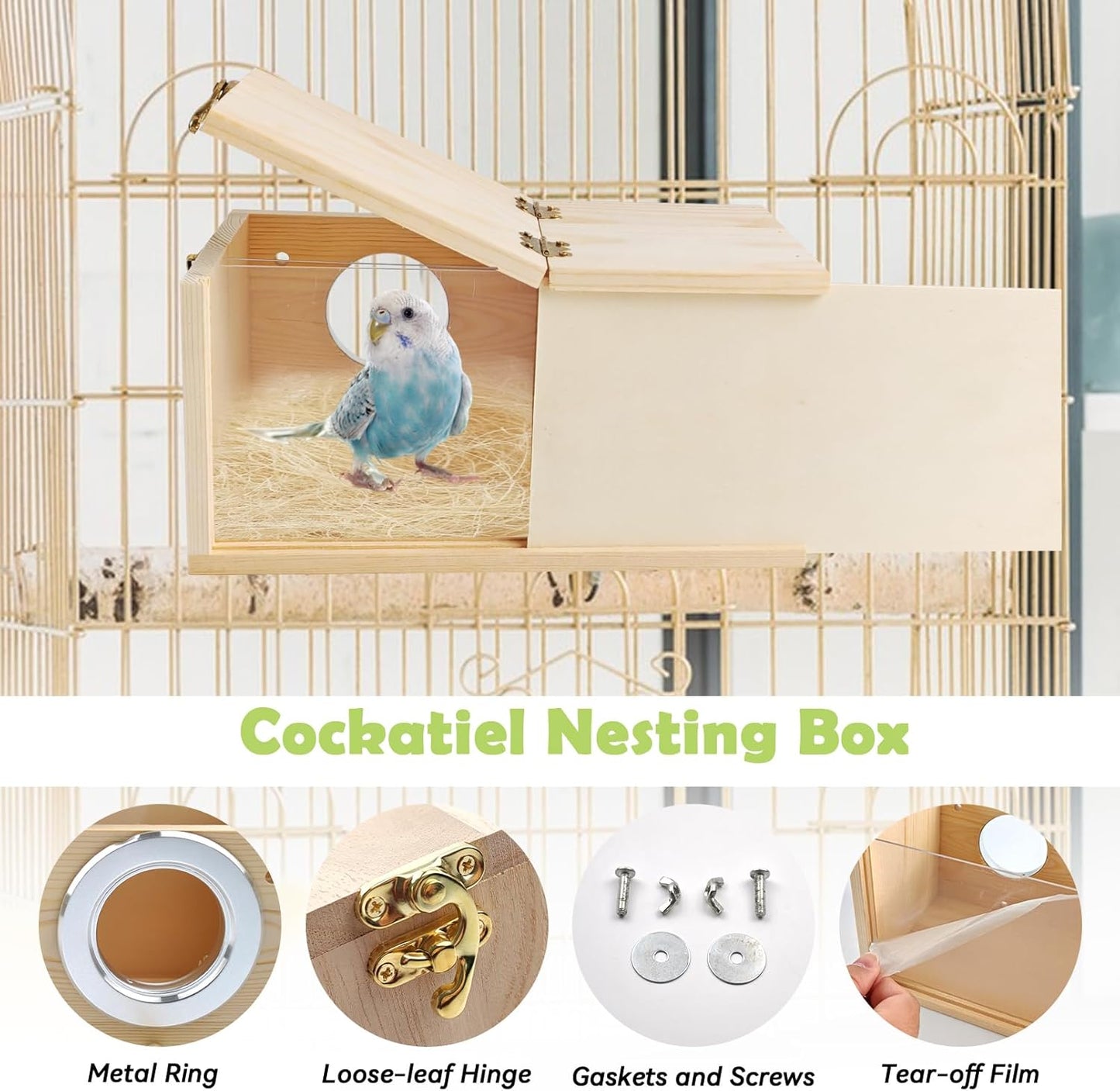 PINVNBY Acrylic Parakeet Nesting Box,Transparent Bird Breeding Box with Detachable Wooden Board Visual Cockatiel House for Budgie Lovebird Conure Parrot (S)