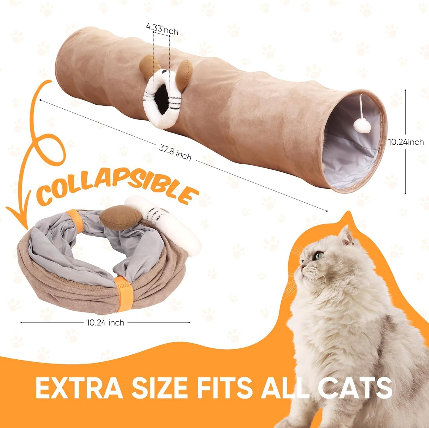 Collapsible Cat Tunnel Straight Tube for Indoor Cats & Kittens Large Foldable Play Cave Toy with Hanging Ball & Peek Hole,Ideal for Rabbits, Ferrets, Puppies & Small Pets