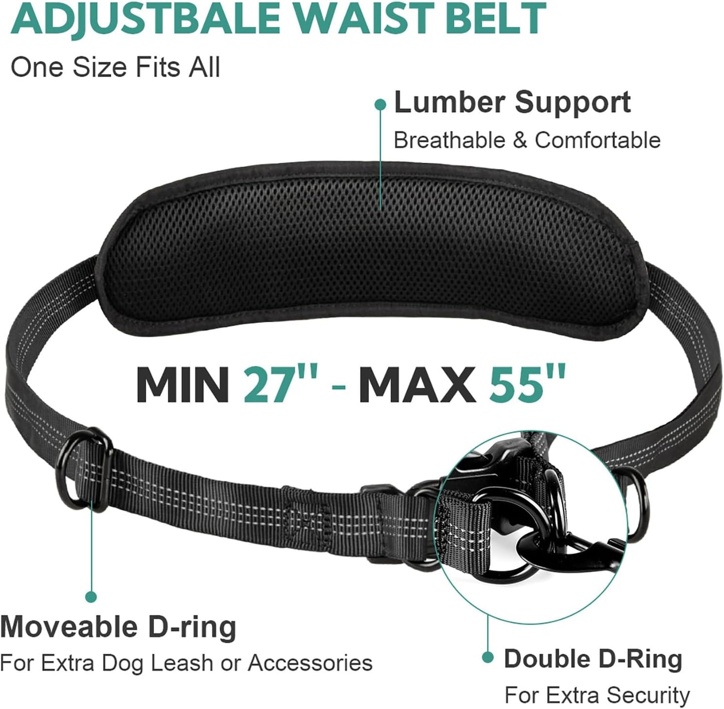 Hands Free Dog Leash, Retractable Bungee with Double Padded Handles, Waist Leash for Dog Walking, Heavy Duty for Large Dogs, Mint Green