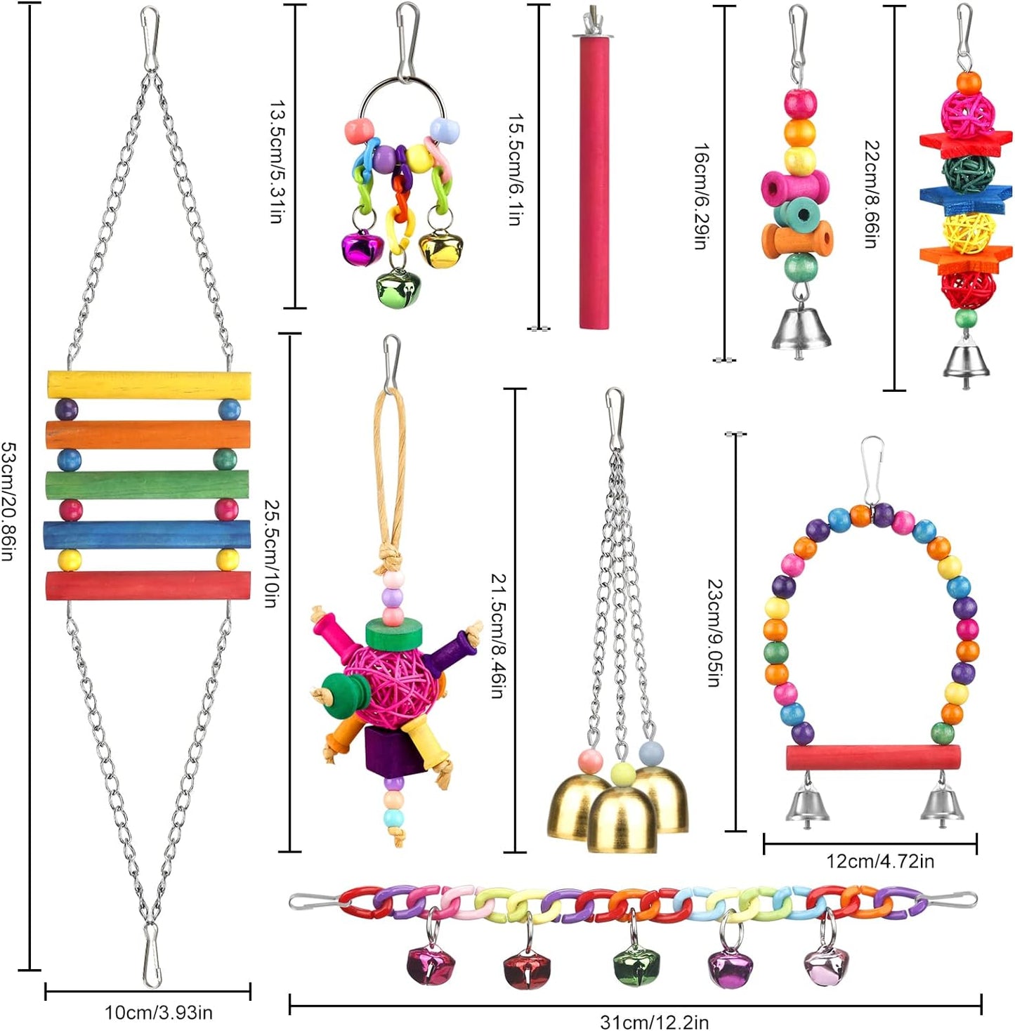 Bird Toys for Conures with Colorful Ladder Hammock Bird Cage Accerious Bird Perch Stand Chewing Toys Hanging Bell for Parrot Parakeet Cockatiel Lovebirds