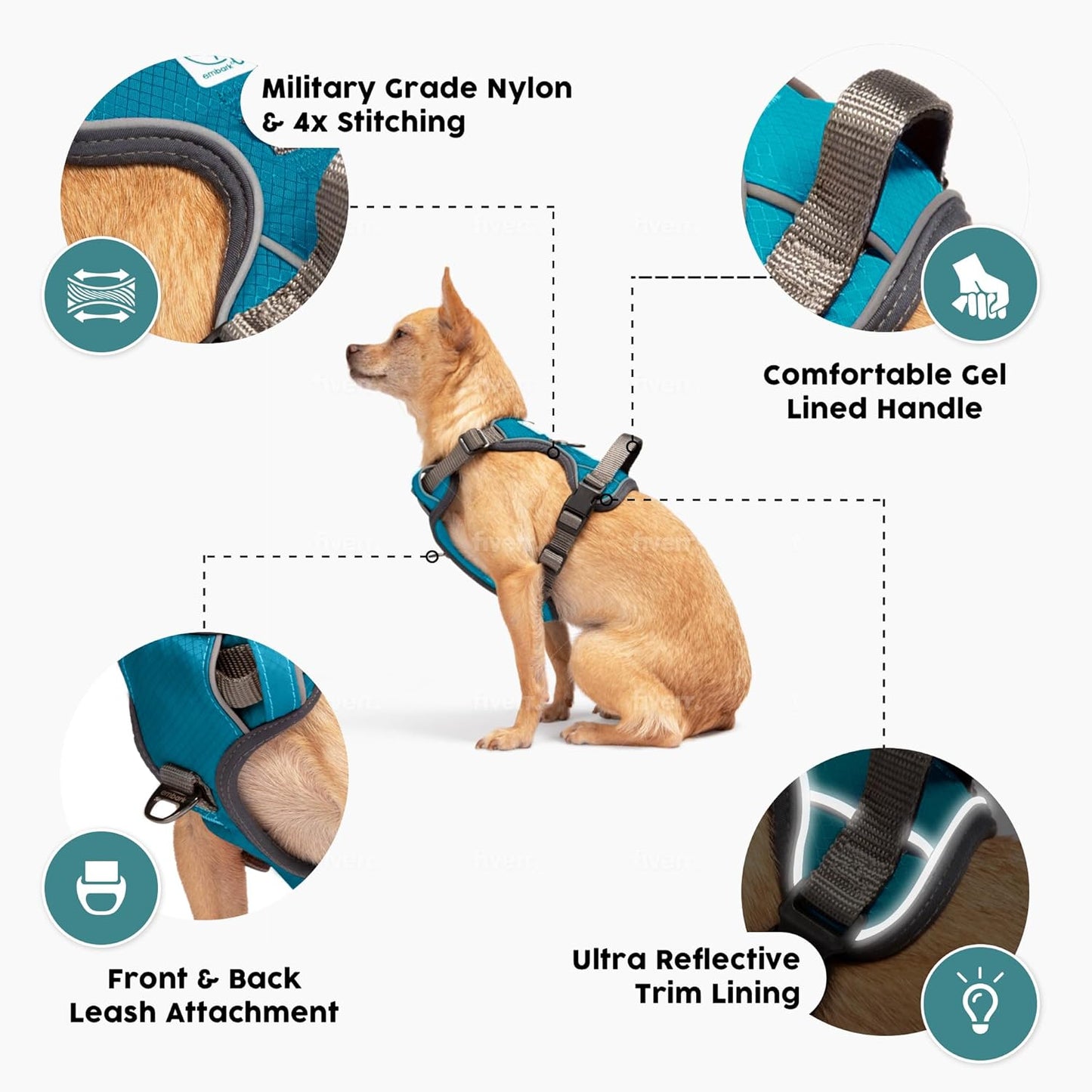 Embark Adventure Dog Harness, Reflective Trim No Pull Dog Harness Medium Sized Dogs - Military Grade Nylon, Front Clip with Gel Lined Handle.