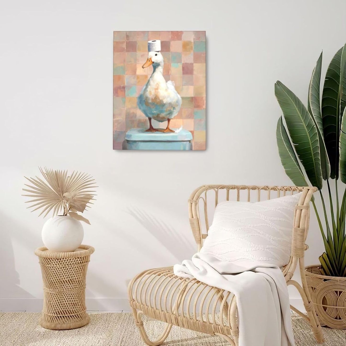 Funny Duck Bathroom Wall Art Cute Duck on Toilet Canvas Wall Decor Funny Quirky Farm Animal Pictures Painting Print Framed Artwork Decorations Gifts for Bathroom 16"x20"