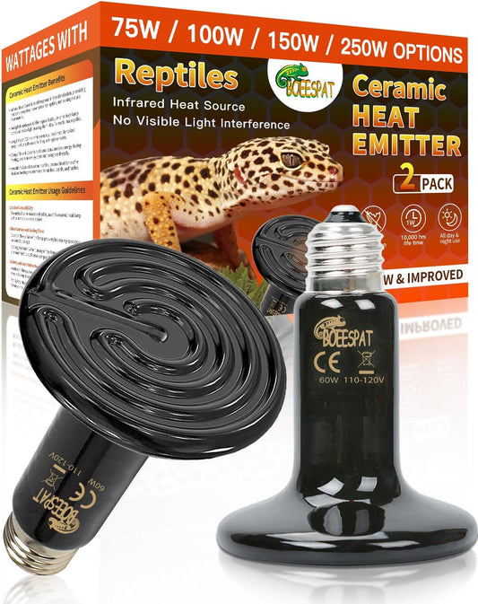 Energy Efficient 60W Reptile Basking Heat Lamp Bulbs, Pack of 2 Ceramic Heat Emitters for Tortoise, Bearded Dragon, Lizard, Iguana, Reptile (Black, 60 Watts)