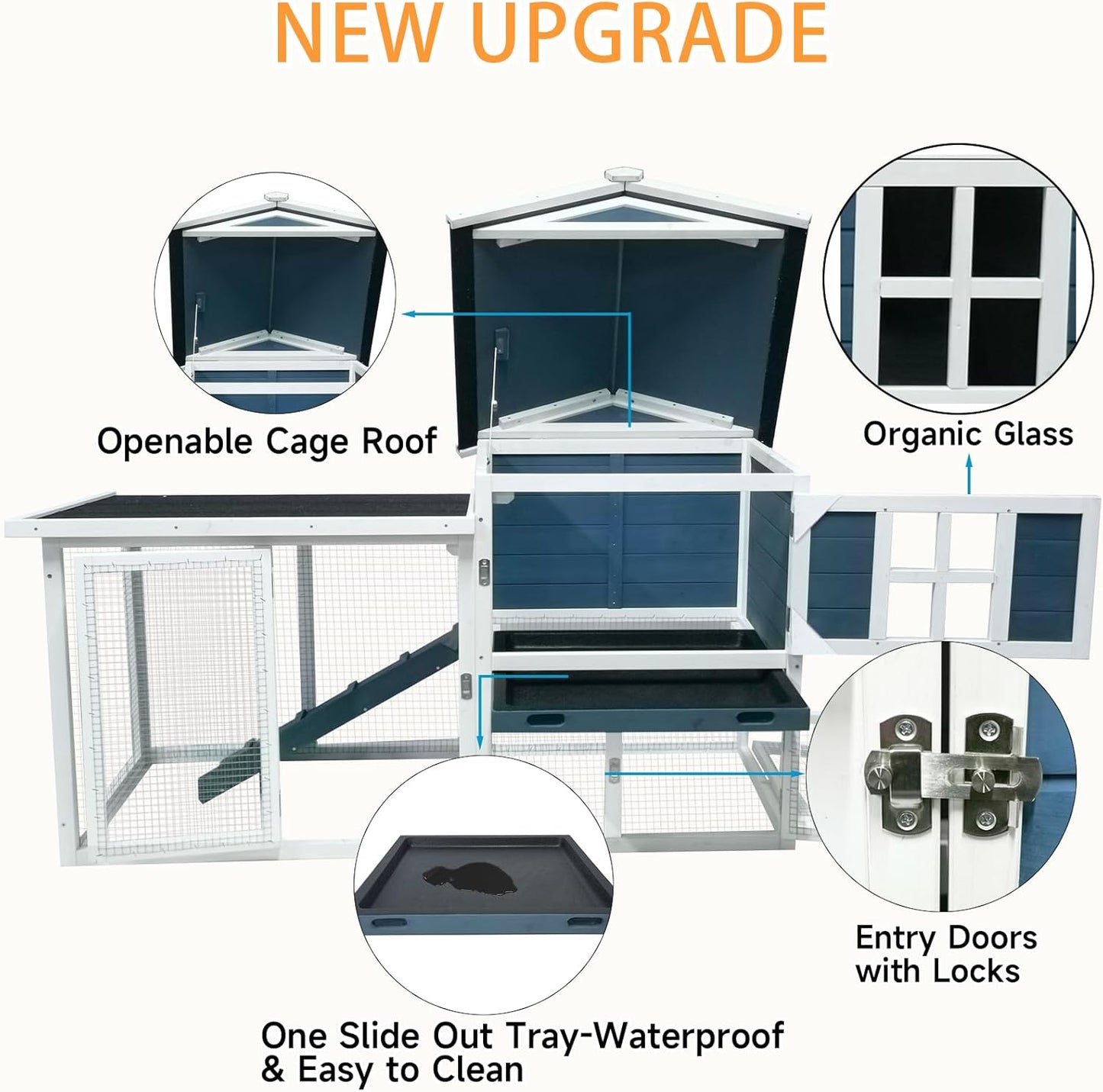 Large Outdoor Rabbit Hutch Weatherproof 2-Story Chicken Coop & Bunny Cage, Wooden Indoor/Outdoor Pet House with No-Leak Tray, Waterproof Roof & Pull-Out Tray (56.8" L x 34.7" H, Grey Blue&White)