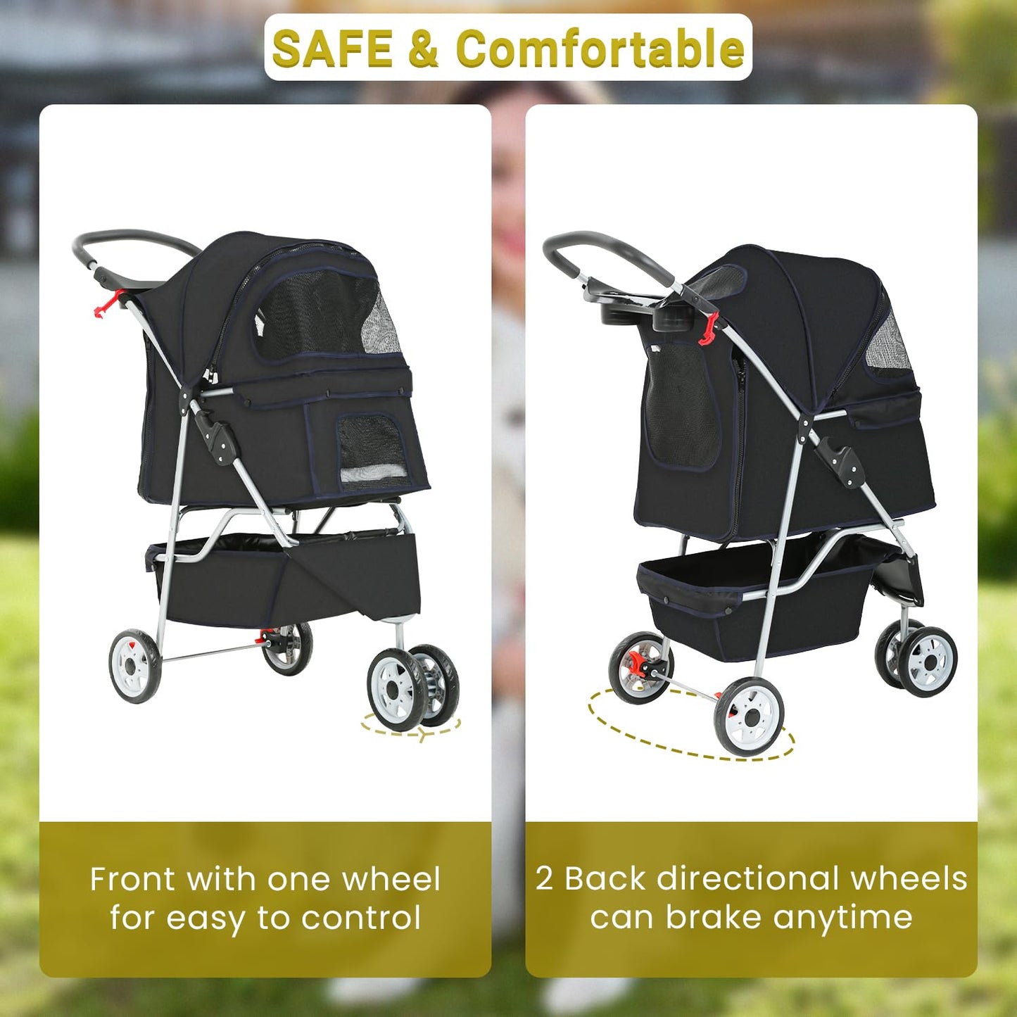 Pet Stroller Dog Stroller Portable Travel 3 Wheel Foldable Cat Stroller with Storage Basket and Cup Holder for Small and Medium Cats,Dogs,Puppy,Black