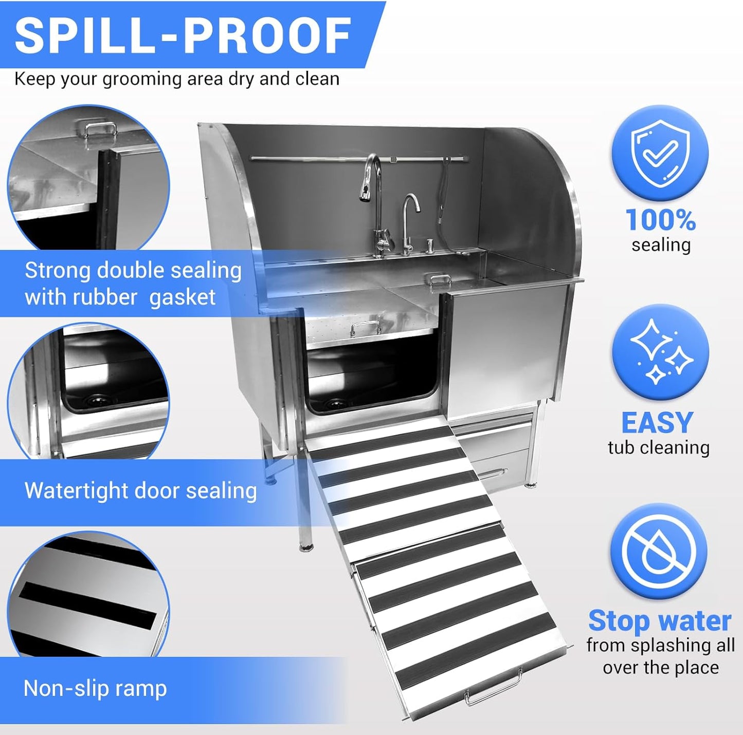 Professional Dog Grooming Tub, 50" Stainless Steel Dog Wash Station with Foldable Ramp, Storage Drawer, Floor Grate & Faucet/Dog Bathtub for Large, Medium & Small Pets - Left Door (50")