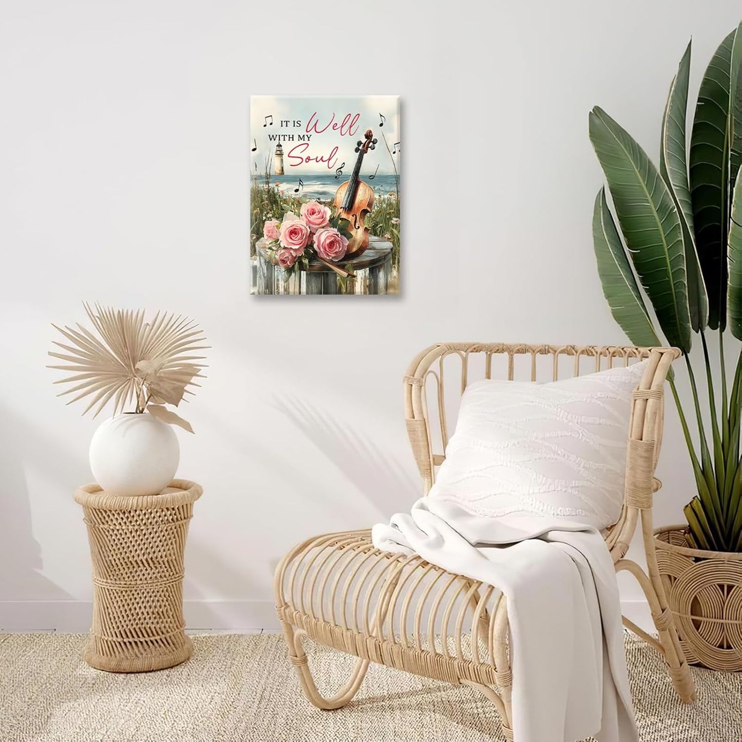 Violin Pictures Wall Art, Music Rustic Country Inspirational Bathroom Wall Decor, Coastal lighthouse Framed Painting Rose Aesthetics Canvas Artwork for Bedroom Living Room Decorations 20"L x 16"W