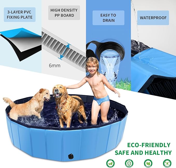 Foldable Dog Pool, 63" x 12" Kiddie Pool with Hard Plastic, Non-Slip Dog Bath Tub for Outdoor Backyard, Collapsible Dog Swimming Pool for Kids Dogs Pets (Blue)