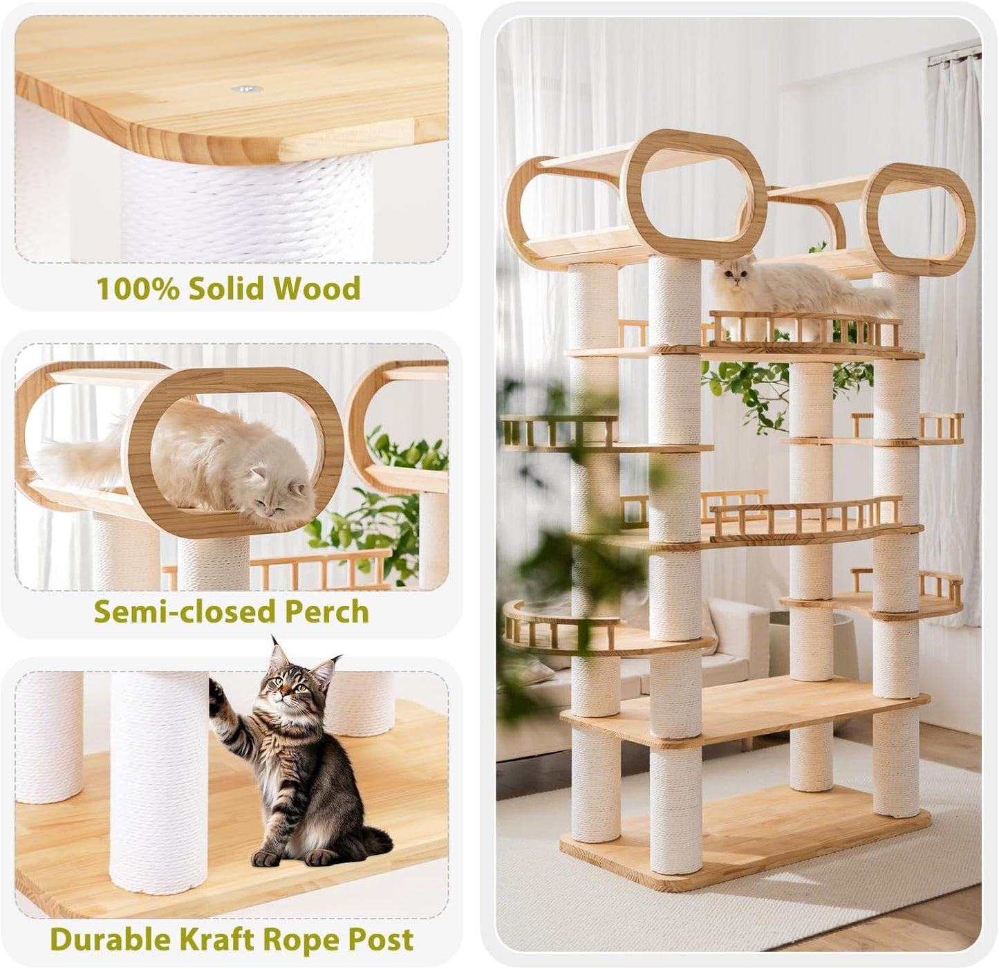 76.8'' Modern Cat Tree, Tall Cat Tower for Indoor Cats, Pine Wood Climb Tower with 2 Removable Mats, Heavy Duty Cat Furniture with Fully Wrapped Scratching Post, Huge Cat Condo for Multi-Cat Families