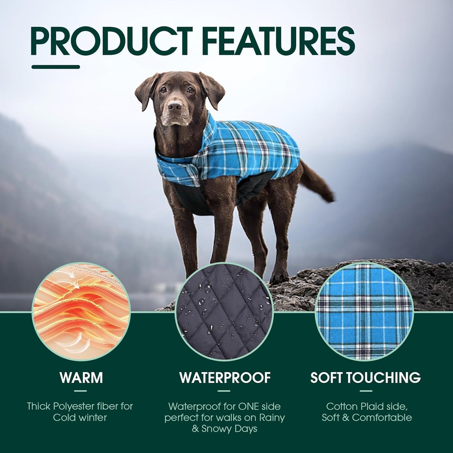 Kuoser Warm Dog Coat, Waterproof Dog Jacket for Extra Large Dogs, Adjustable Durable XXL Doggie Winter Coat Reversible Puppy Cold Weather Apparel from Small to Large Breed, Blue XXL