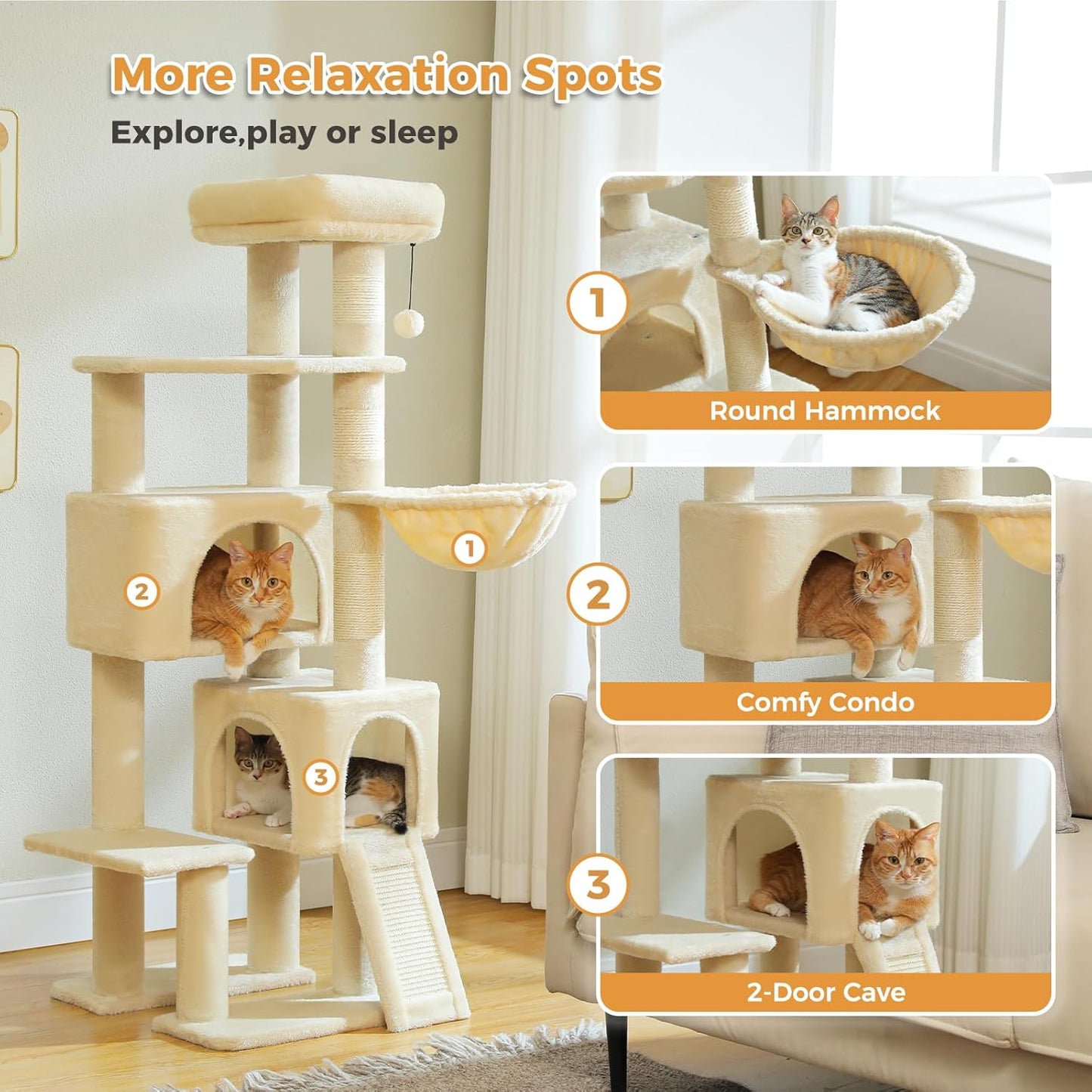 PAWZ Road Cat Tree, 51.6 Inches Cat Tower with Dual Condos, Spacious Perch, Cozy Basket and Sisal-Covered Scratching Posts for Indoor Cats- Beige