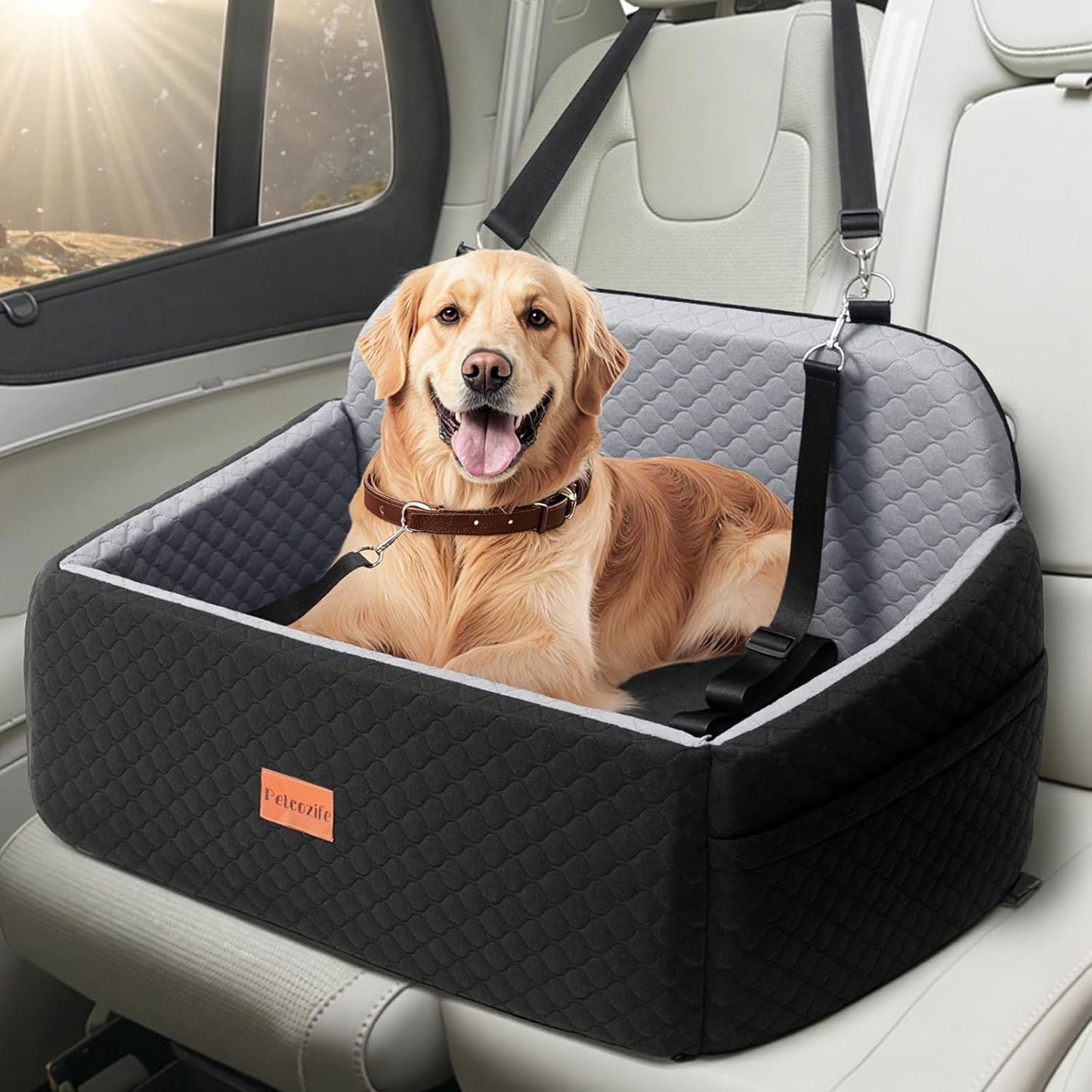 Dog Car Seat for Large Medium Dogs, Pet Car Seat Under 55 lbs or 2 Puppies, Removable Washable Pets Travel Booster Bed for Automotive Backseat with Comfy Thick Cushion, 2 Safety Leashes(Black/Gray)