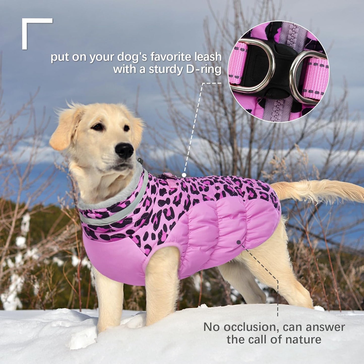 FUAMEY Dog Coat for Large Dogs,Waterproof Dog Winter Jacket with Harness Built in Puppy Cold Weather Coats Reflective Pet Vest with Zipper Warm Fleece Dogs Snowsuit Windproof Pink Leopard XXL