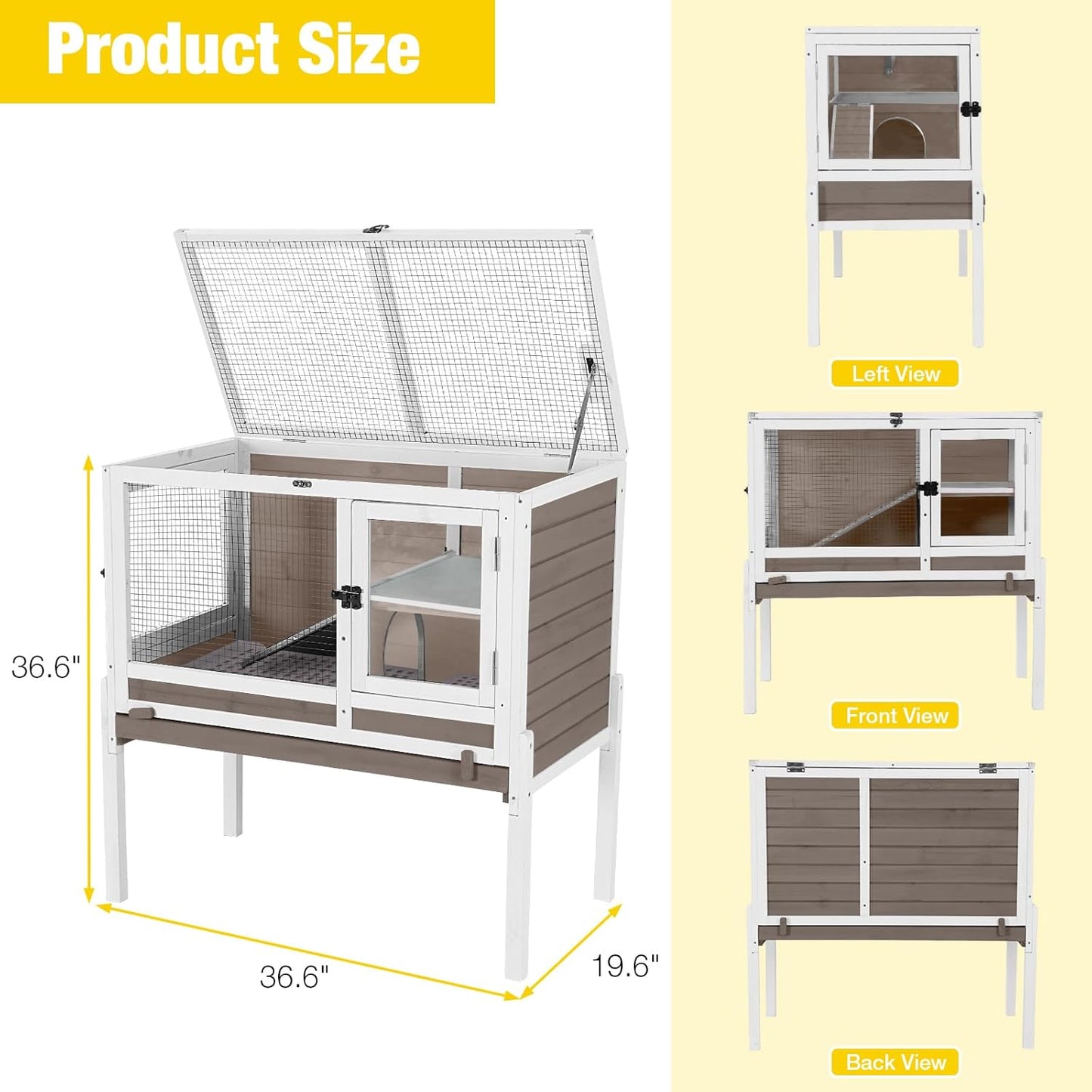 Aivituvin Rabbit Hutch with Stand Wooden Bunny Cage Indoor 2 Story Guinea Pig House with Anti Chew Ramp, No Leak Tray, Hideout, Wire Mesh (Brown)