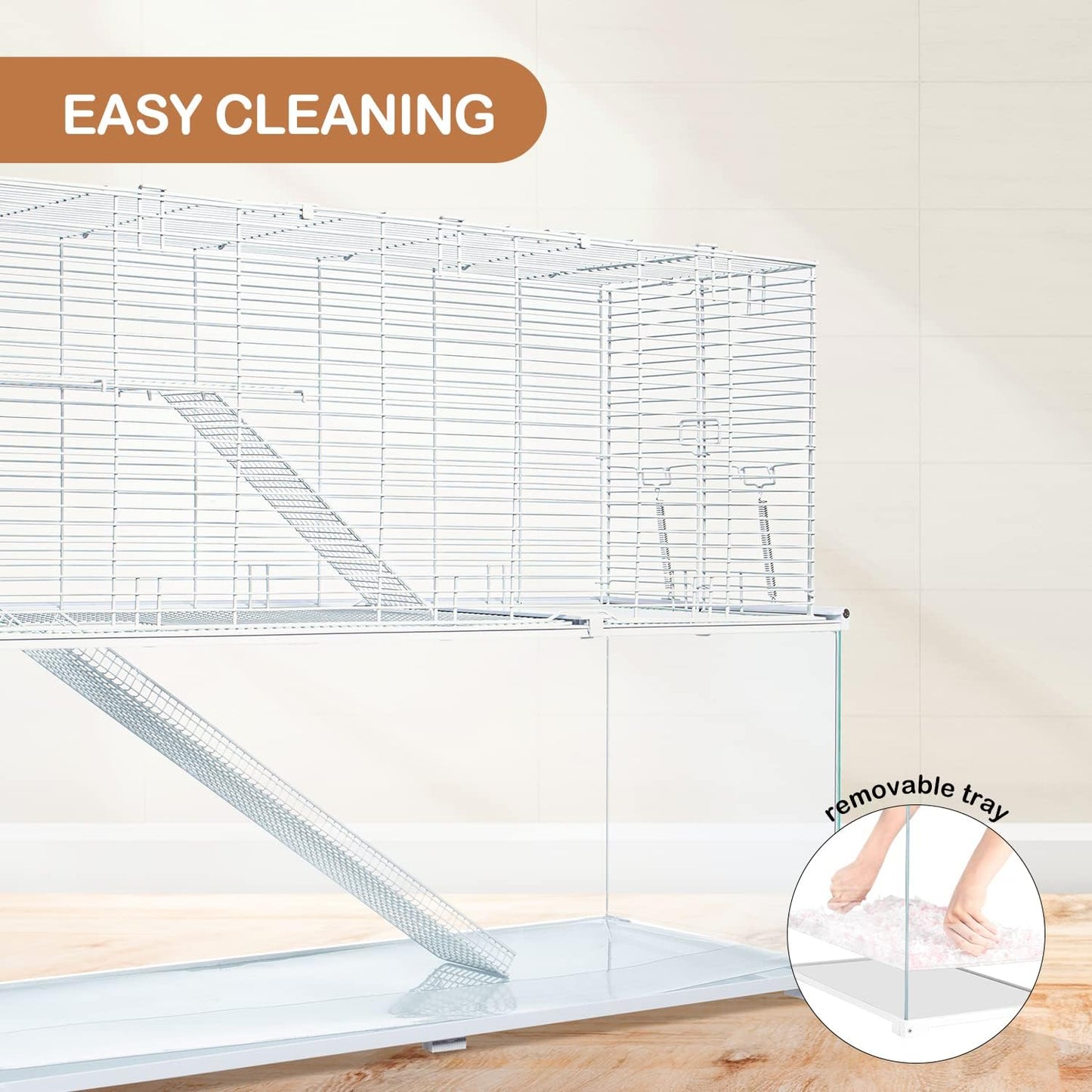 OIIBO 3 Tiers Large Hamster Cages Glass, Heightened Wire Topper with Two Shelf and Two Ladders Ramps, Openable Top, Easy to Clean Removeable Waterproof PVC Tray Medium