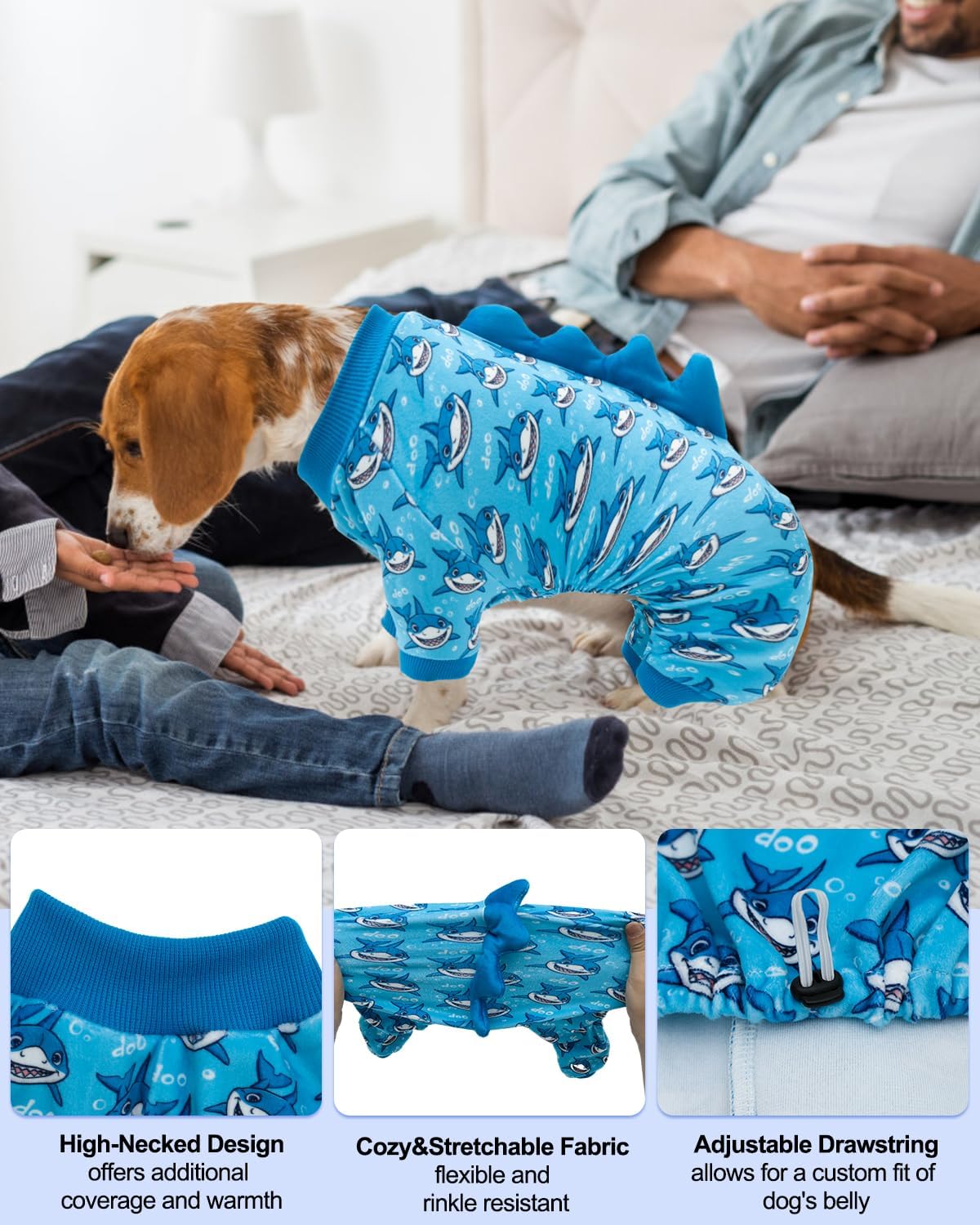 CuteBone Shark Costume Dog Pajamas, Stretchy Spandex Crystal Velvet Sleepwear Coat for Small Dogs, Soft & Warm Pet Outfit Clothes for Cold Weather, Cozy Pullover Design COSP07XL