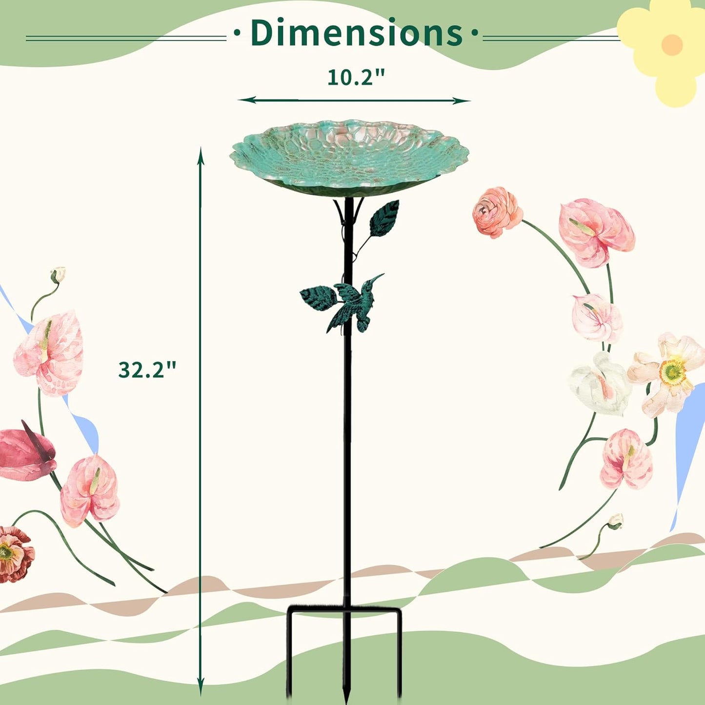 Bird Bath for Outside, Metal Birdbath Freestanding Bird Bath & Birdfeeder with 3-Pronged Base, Using for Outdoors Garden Patio Yard, Green