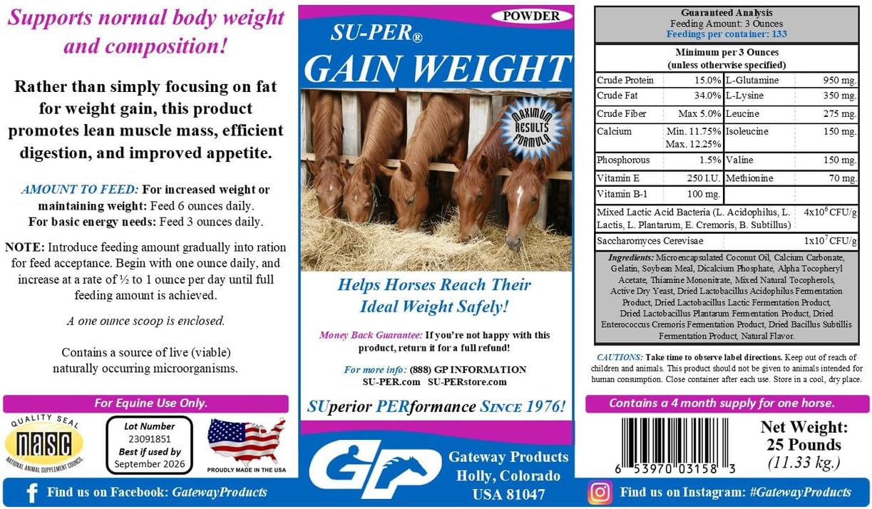 SU-PER Gain Weight for Horses - Equine Supplement Weight Gainer for Horses - Promotes Lean Muscle Mass, Digestion & Appetite - 25 Pound, 4 Month Supply