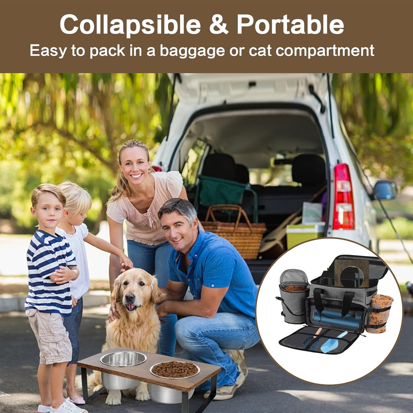 Elevated Dog Bowls for Small Medium Wood Dogs Raised Bowl Stand with 2 Stainless Steel Deep Dog Food and Water Bowls, Anti Vomit, Non-Slip Feeding Dishes(Tilted，3 inches in Height, 40oz