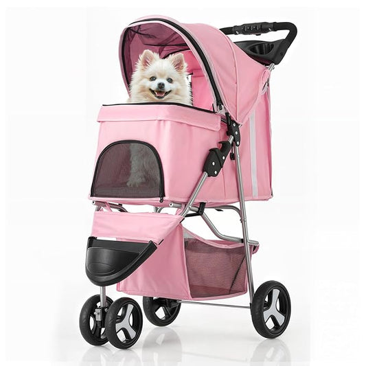 MoNiBloom 3-Wheels Foldable Pet Stroller with Waterproof Cover, Pet Strolling Cart for Small/Medium Dogs and Cats with Storage Basket and Cup Holder, Breathable and Visible Mesh for All-Season, Pink