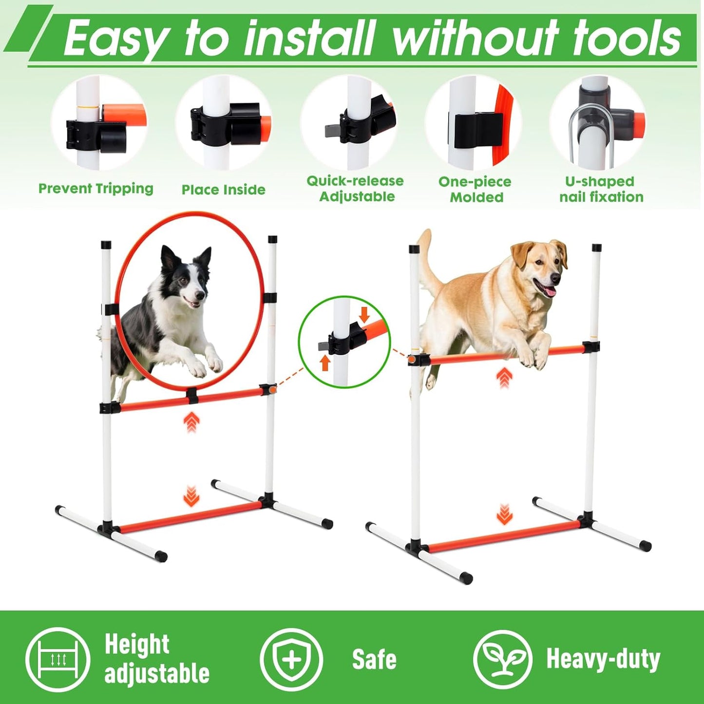 Dog Agility Course Backyard Set, Dog Agility Equipment, Pet obstacle Course Backyard with 6 Dual Mode Weave Poles, 2 Adjustable Hurdle, Jump Ring, Tunnel, Pause Box, Toy Balls and 2 Carrying Bags