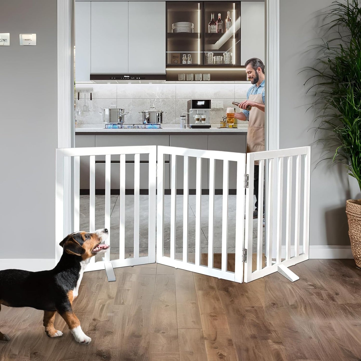 ZJSF Freestanding Indoor Dog Gate for House Foldable Wood White Puppy Gate for Doorways Pet Gate for Stairs Extra Wide Pet Fence 24" Height 3 Panels