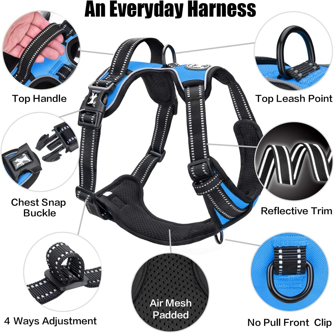 PoyPet No Pull Dog Harness, Reflective Comfortable Vest Harness with Front & Back 2 Leash Attachments and Easy Control Handle Adjustable Soft Padded Pet Vest for Small to Large Dogs (Blue,XS)