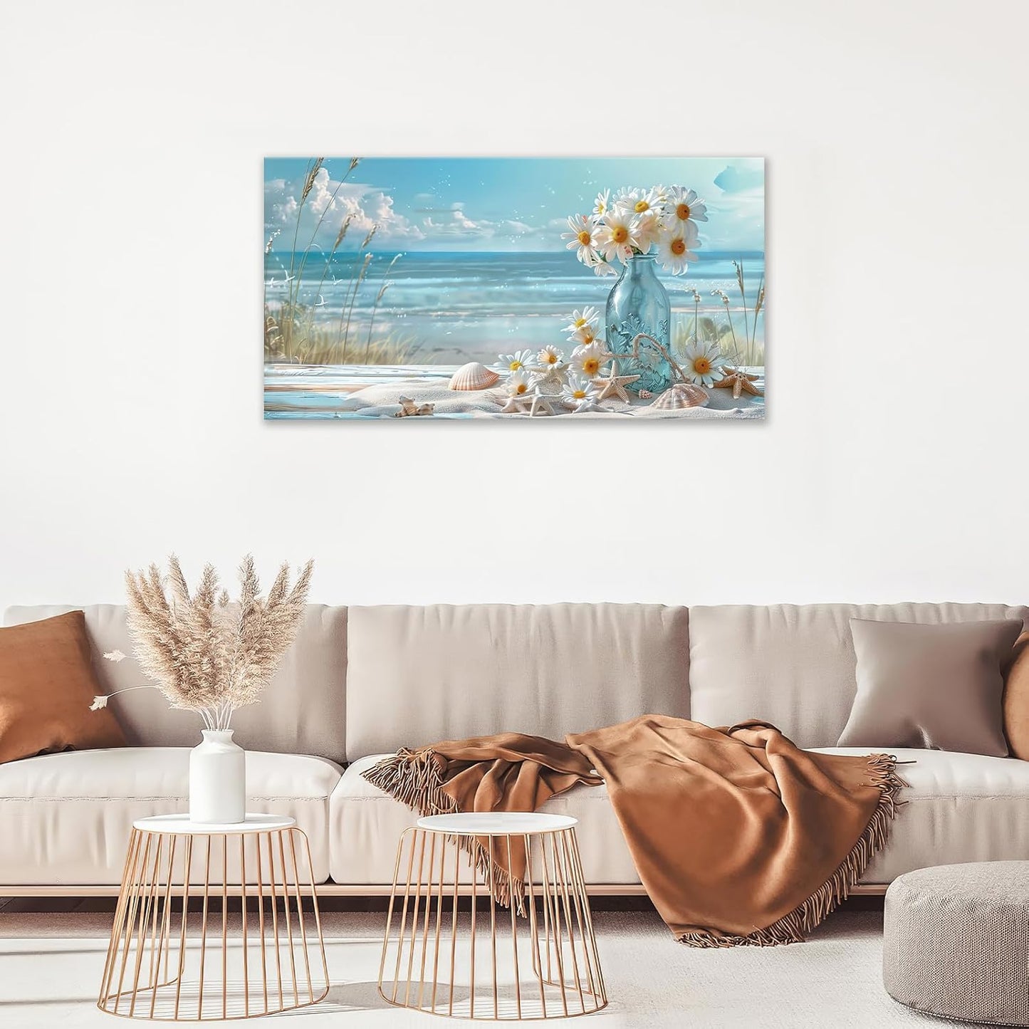 Large Beach Wall Art for Living Room Flower Daisy Art Big Space Size Framed Ocean Shell Canvas Prints Blue Pictures Painting Artwork Office Bedroom Home Decor 60"x30"