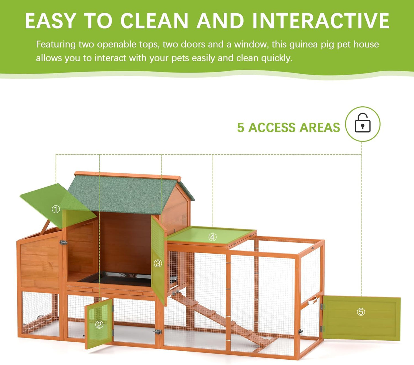 COZIWOW 82" Large Wooden Chicken Coop, Outdoor Rabbit Hutch with Wheels, Sunshine Board, Asphalt Roof, Ramp, Openable Top, Door, Window, Pull-Out Tray, Indoor Bunny Cage (Orange with Pattern)