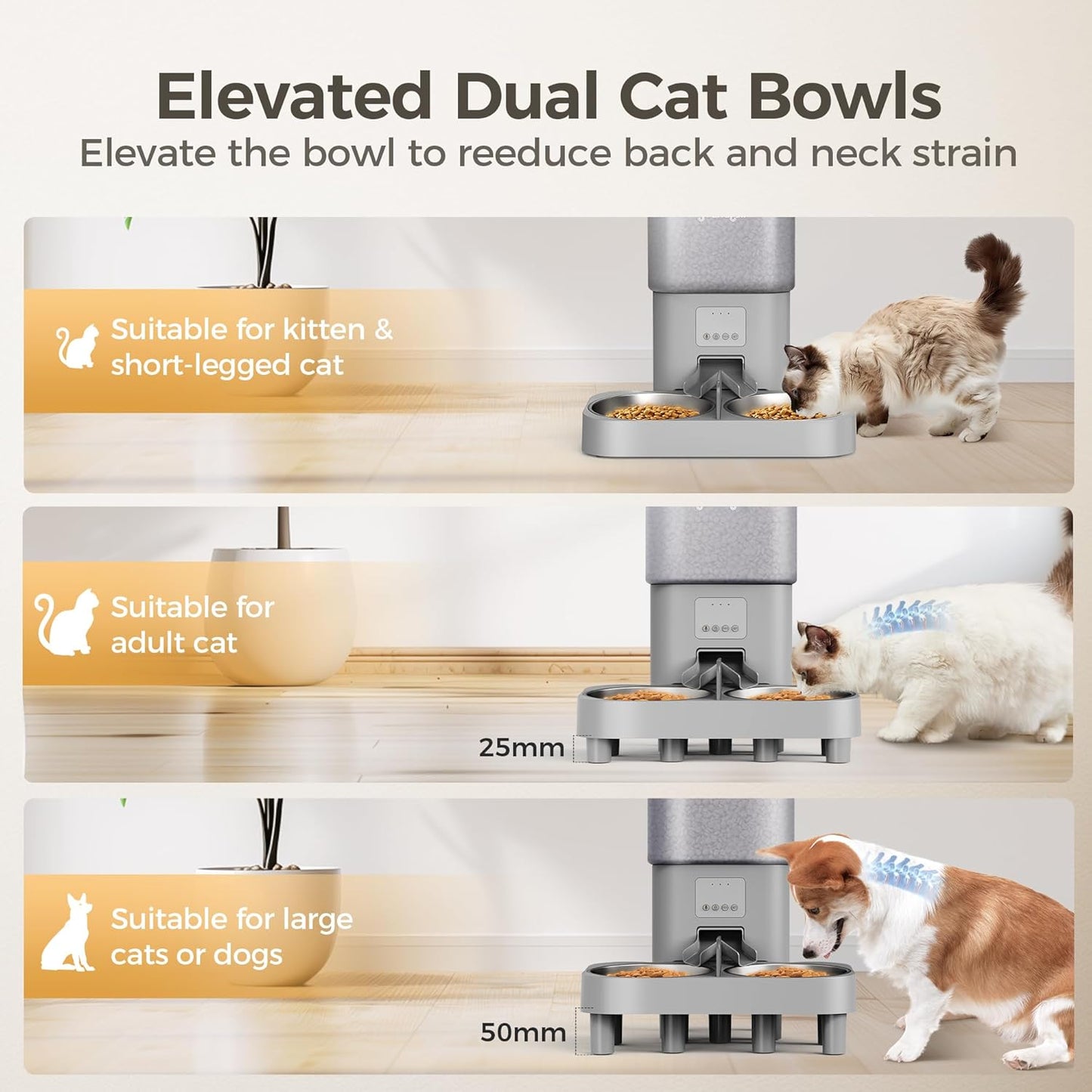 Automatic Cat Feeder, WiFi Dog Food Dispenser with APP Control for 2 Cats & Dogs, 6L Elevated Timed Dog Feeder Programmable 1-10 Meals,10s Meal Call,Dual Power Supply, 2 Stainless Bowls