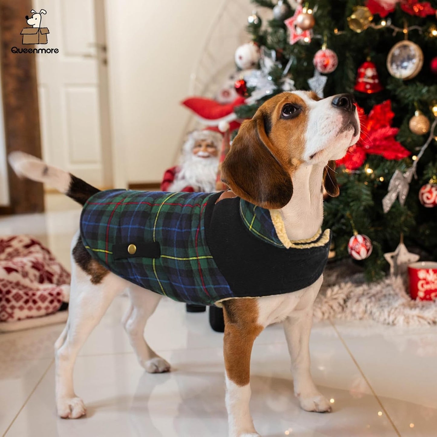 Queenmore Dog Winter Coat Warm Dog Jacket for Cold Weather, Quilting Puffer Plaid Coats for Small/Medium Dogs Waterproof,Girl/Boy Pet Christmas Coat,Pet Snowsuit with Leash Hole/Fleece Padding, XS