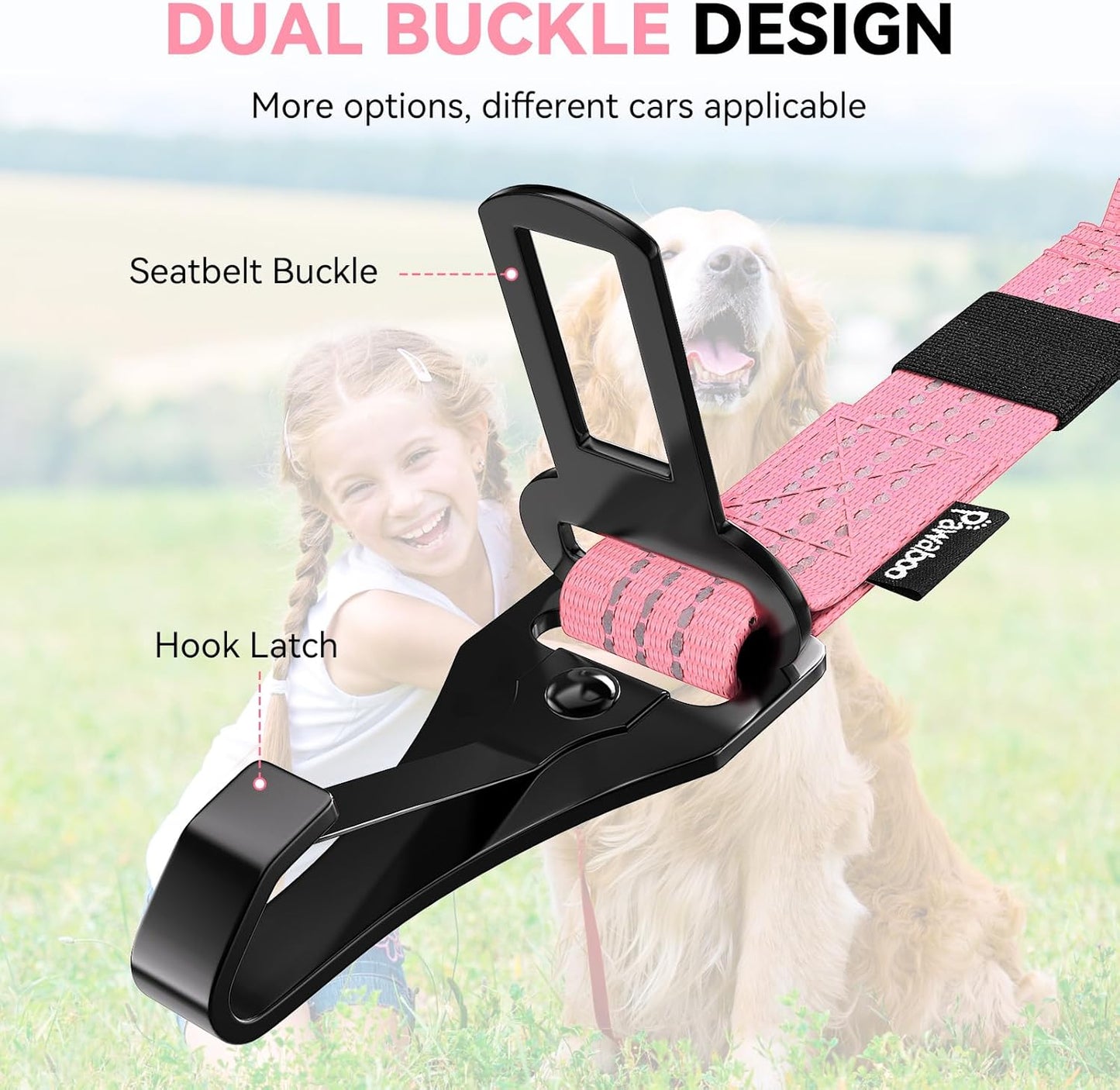 Pawaboo Dog Seatbelt for Car, 3-in-1 Dog Seat Belt Bungee, Shockproof Dogs Tether for Car with Buckle & Hook Latch, Adjustable Reflective Dogs Cars Harness Leash with 360° Lockable Buckle, Pink