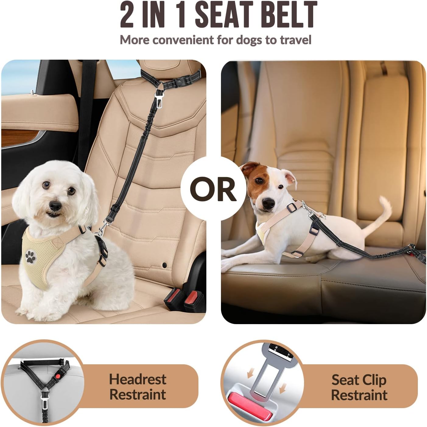 SlowTon Dog Seat Belt for Car, 2 Pack Dog Car Harness Seatbelt Adjustable with Elastic Bungee Buffer, 2 in 1 Pet Car Leash Headrest Restraint Dog Reflective Safety Tether (S, Black, Headrest+Clip)