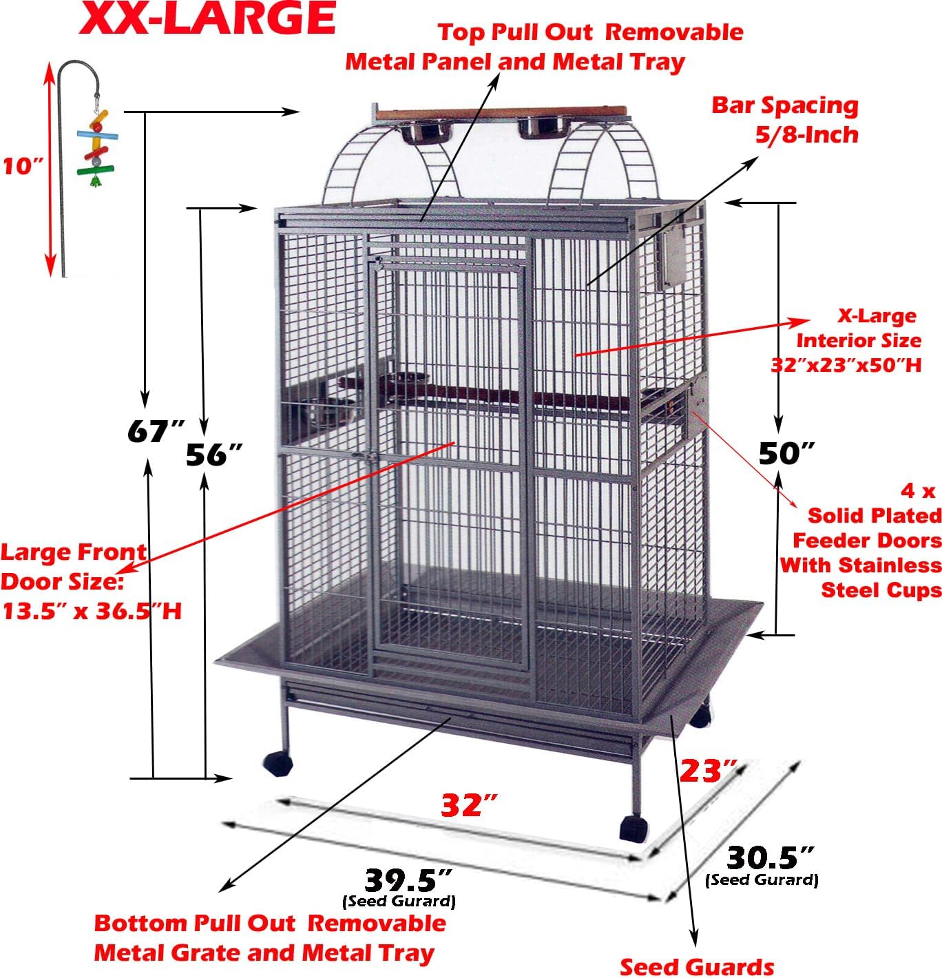 4 Size, X-Large 32" L x 23" W x 66" H Castle PlayTop Parrot Bird Cage On Wheels for Large Size Macaws Cockatoos African Grey Amazon