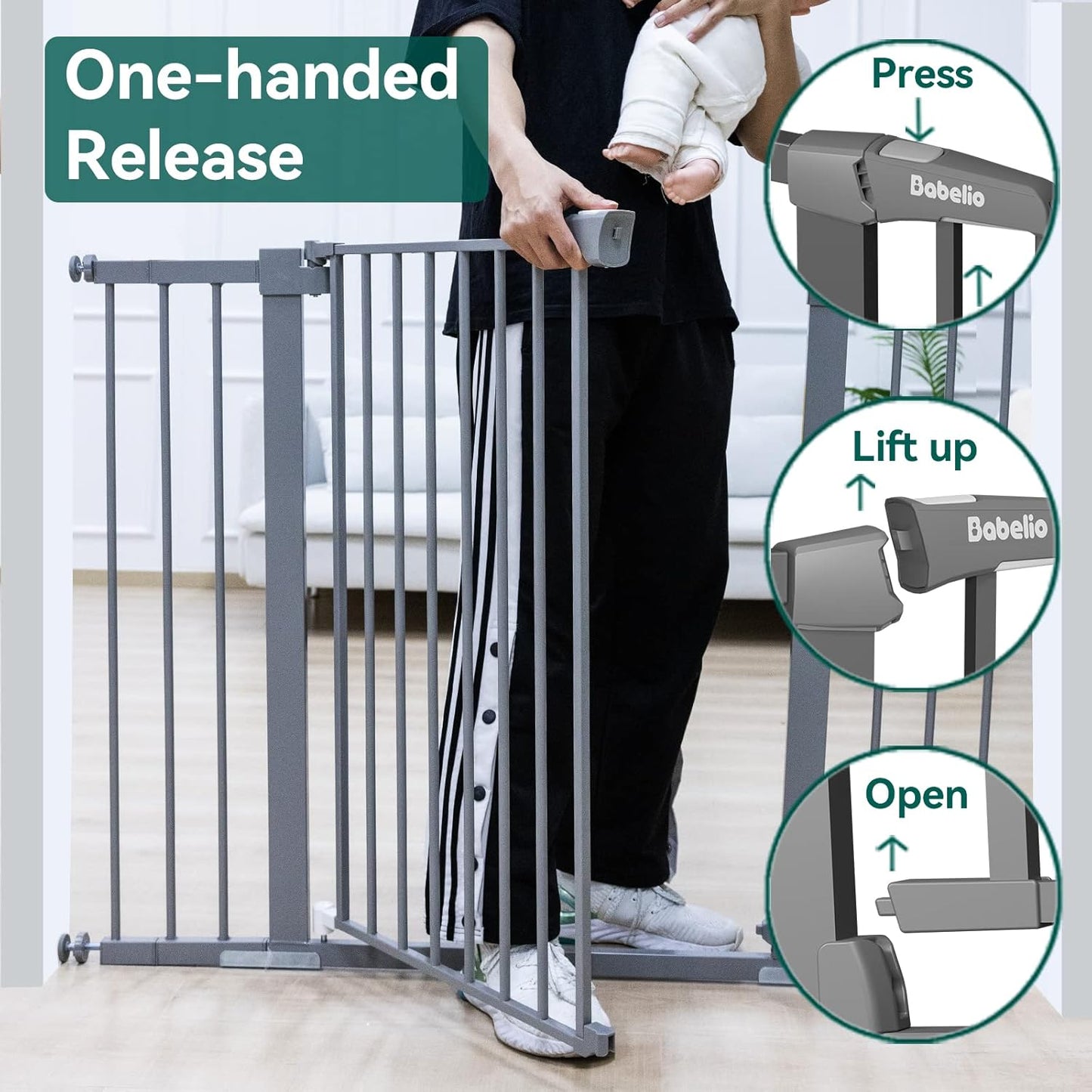 BABELIO 36 Inch Tall Metal Baby Gate, 29-48" Auto Close Pressure Mounted Dog Gate, Gray