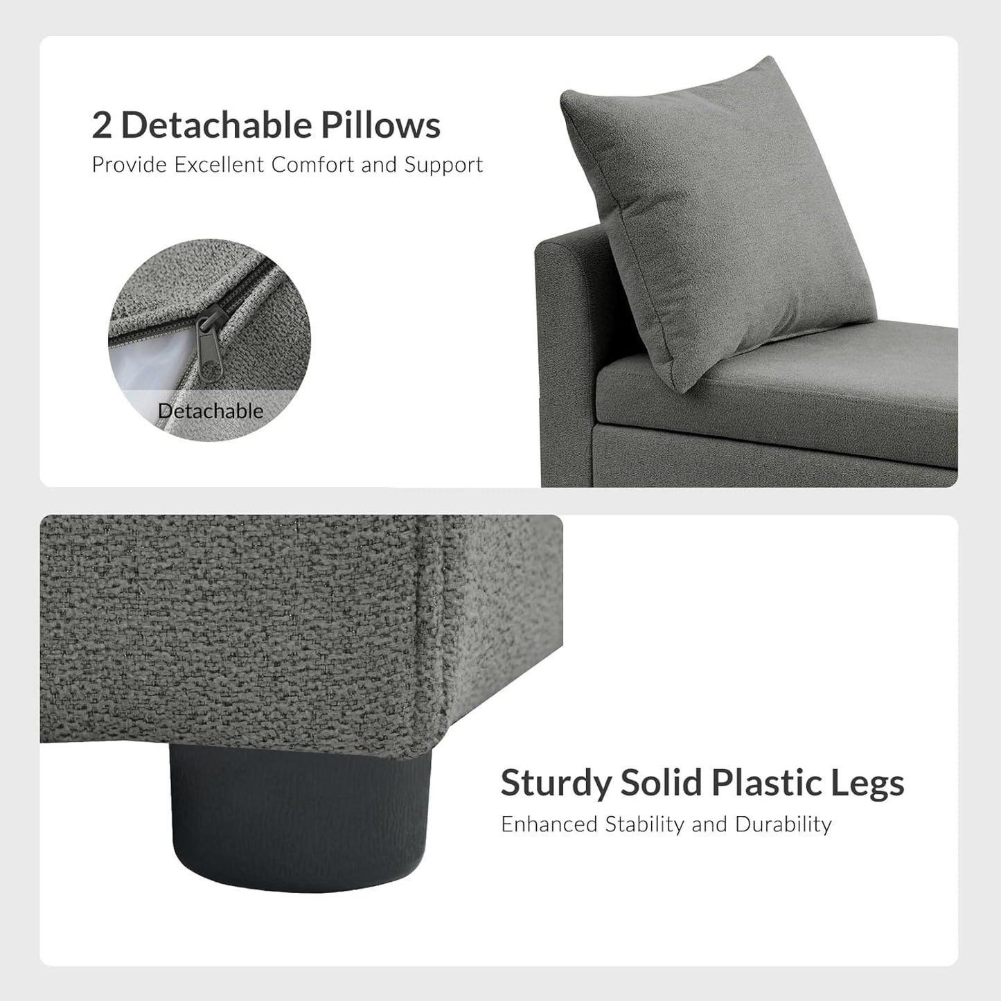 HULALA HOME Modern Storage Ottoman Bench with Throw Pillows, 59" Extra Long End of Bed Bench with Storage Pocket, Comfy Upholstered Footstool for Bedroom Entryway Living Room, Charcoal