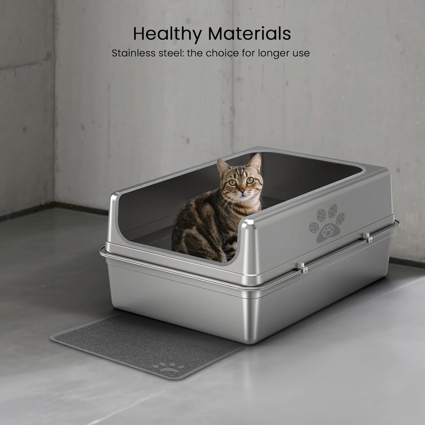 Enclosed Stainless Steel Cat Litter Box with Lid, Oversize Metal Litter Box for Multi Cats, Extra XXL Cat Toilet with High Side, Non-Stick, Anti-Leakage, Odorless, with Cat Litter Mat & Litter Scoop
