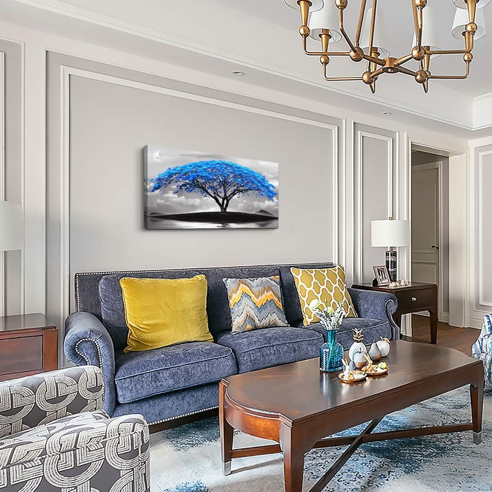 canvas wall art for living room bathroom Wall Decor Black and white landscape Blue tree moon painting to Hang Home Decorations for office bedroom kitchen Works canvas Prints pictures 20" x 40"inch