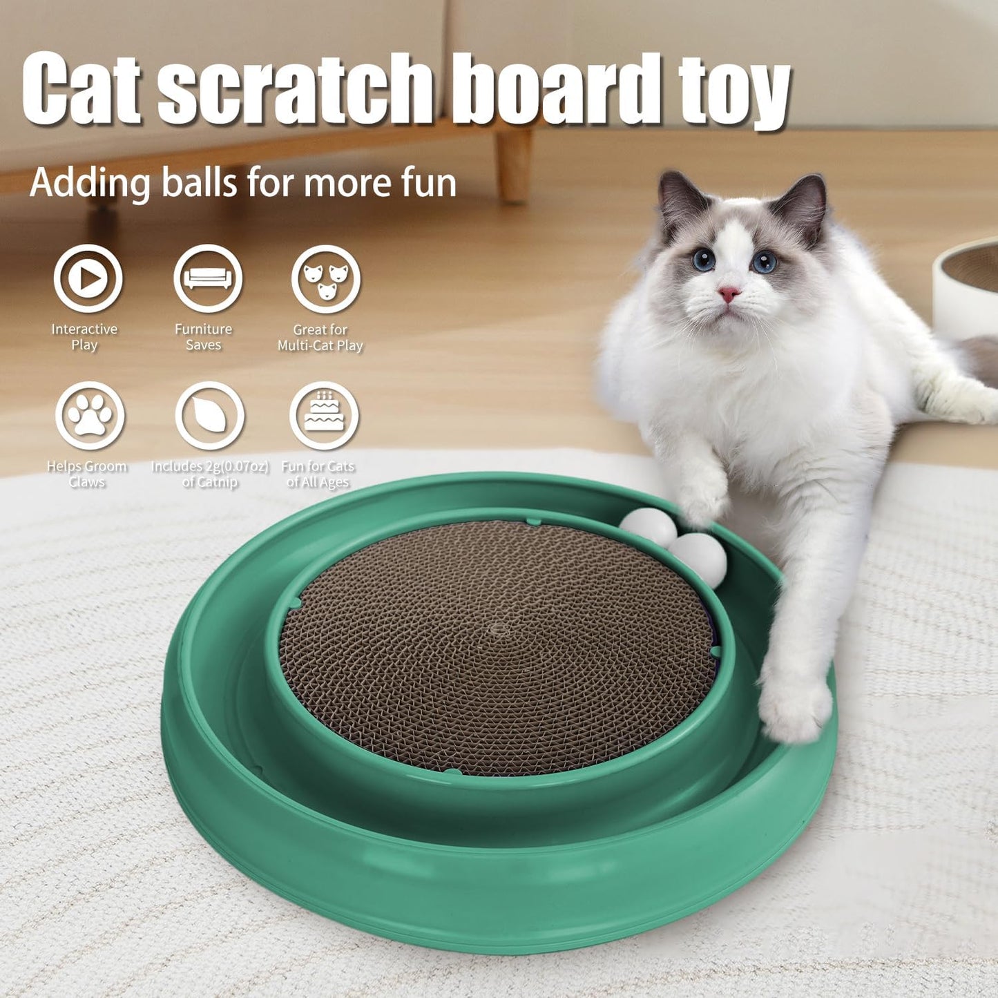 Interactive Cat Scratcher with Two Rotating Balls,Durable Scratch Pad for Indoor Play,Cardboard Cat Scratcher Pad with Cat Toy Ball Track and Catnip,2-in-1 Cat Toy (Green)
