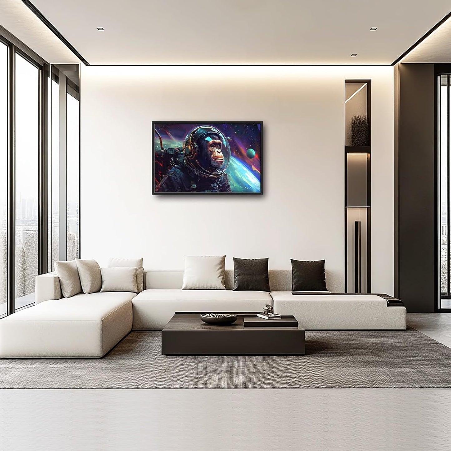 Framed Large Monkey Astronaut Wall Art, Oversized Chimpanzee Spacemen Wall Decor for Living Room, Outer Space Canvas Painting Pictures Modern Artwork for Living Room Bedroom Office 36"x24"