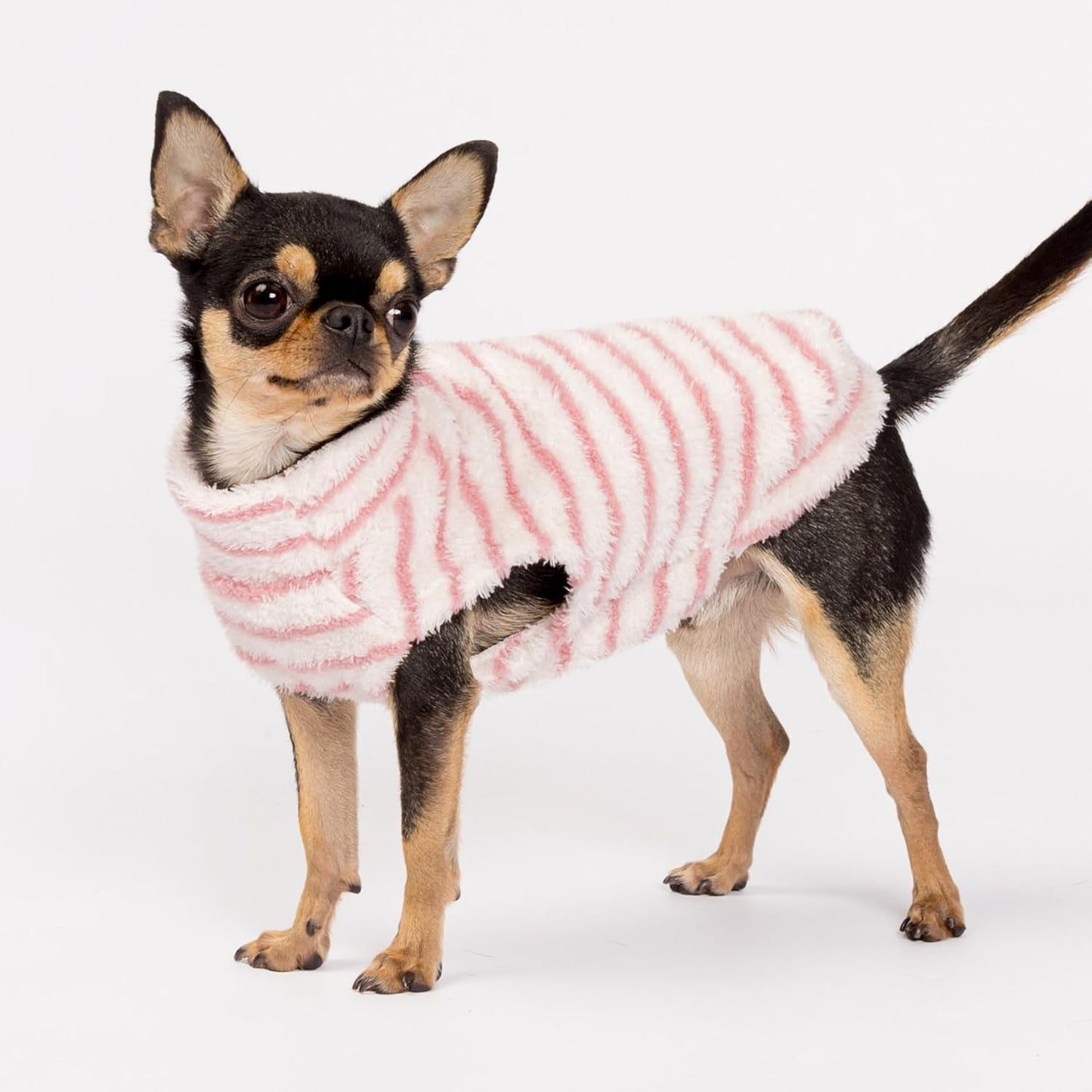 Fitwarm 2 Pack Striped Fleece Dog Sweater, Warm Winter Dog Clothes for Small Dogs Girl, Fuzzy Turtleneck Pet Outfit, Doggy Pullover Jumper, Rose Pink, White, Light Pink, Medium