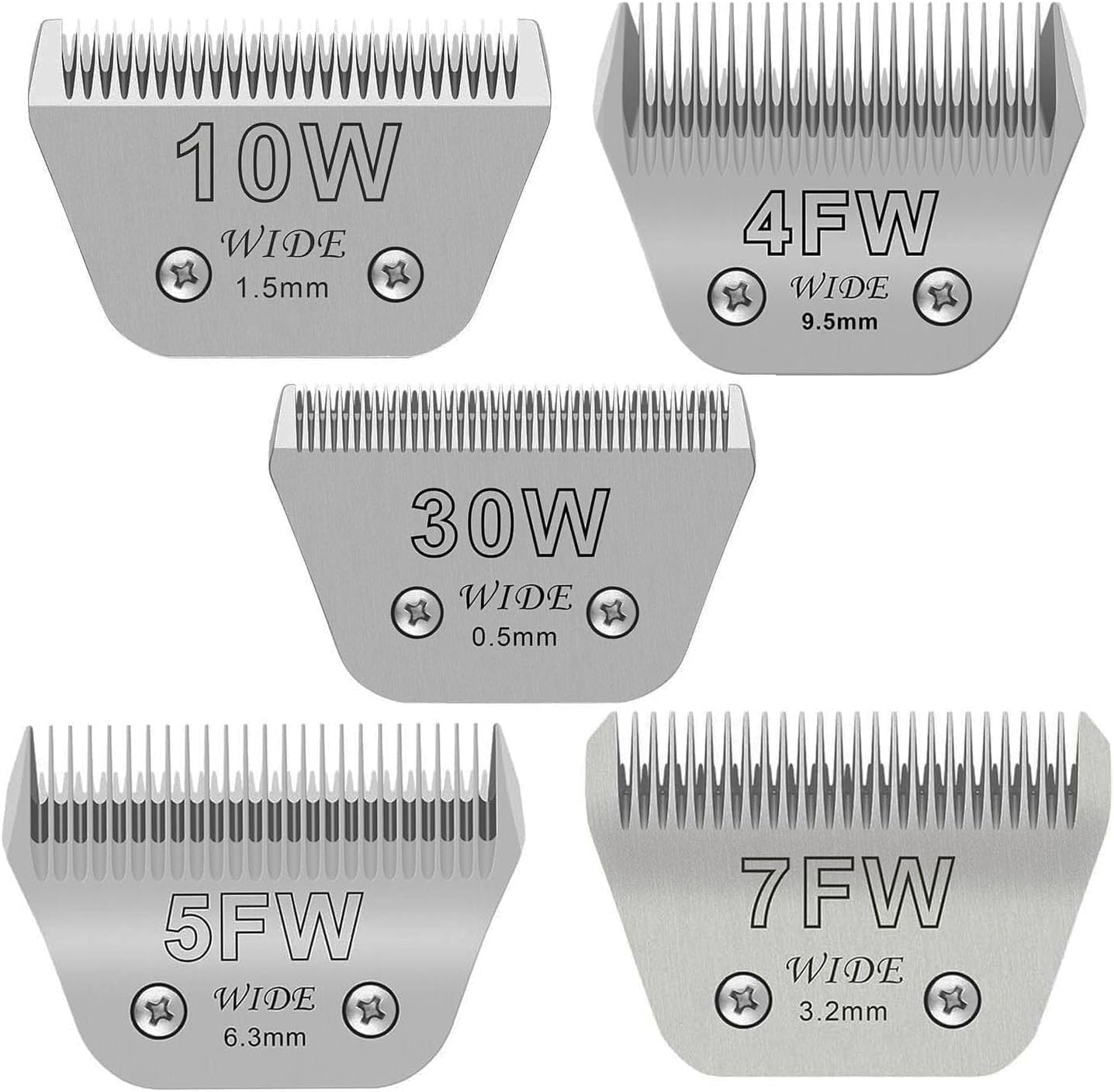 5PCS Wide Blades for Dog Grooming Blades Compatible with Andis Dog Clipper,Dog Clipper Blades for Oster A5,Wahl km10 Dog Clippers Stainless Steel for Animal Dog,Cat,Horse,Size:#10W+30W+4FW+5FW+7FW