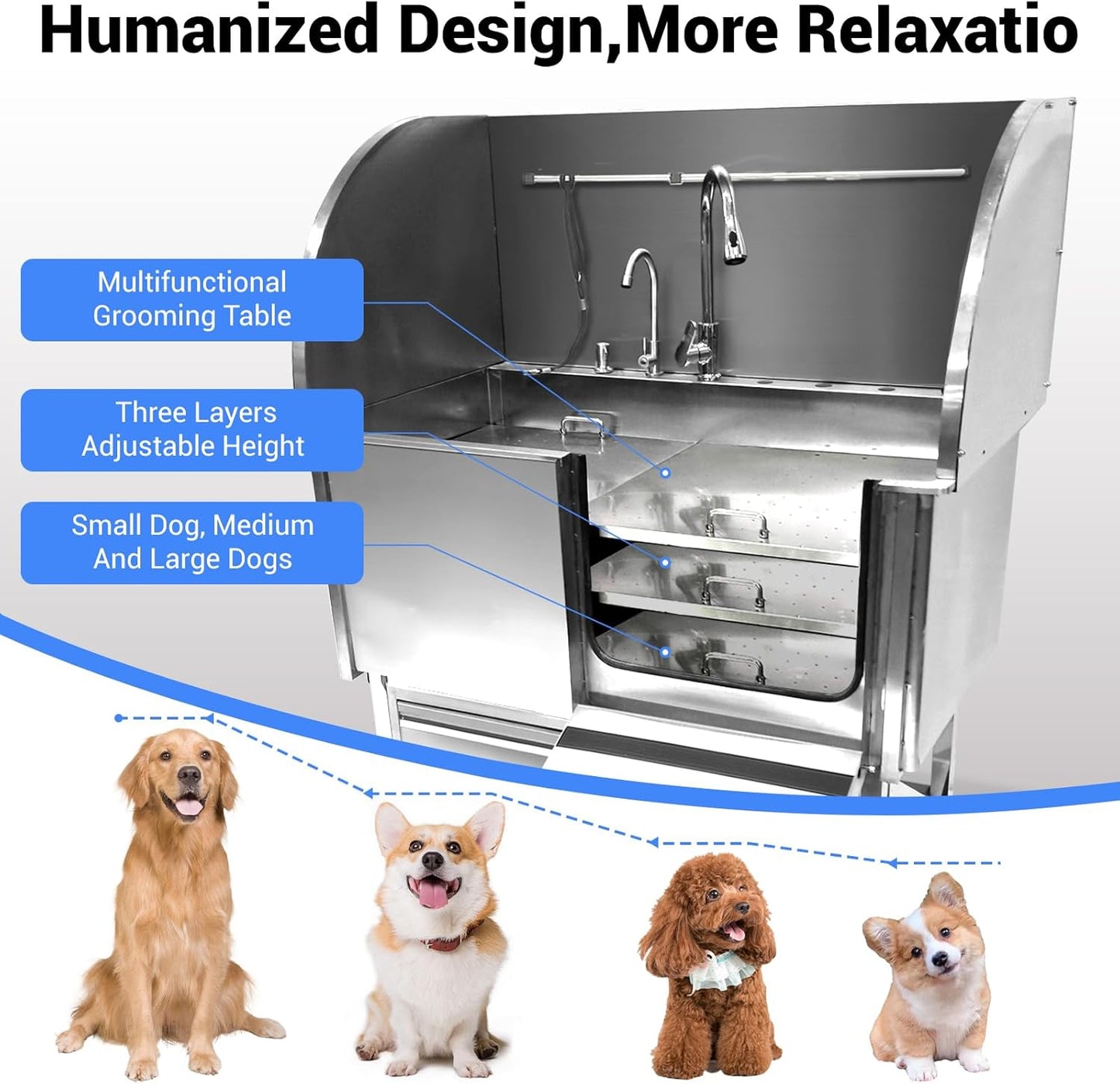 Professional Dog Grooming Tub, 38" Stainless Steel Dog Wash Station with Ramp, Storage Drawer, Floor Grate & Faucet/Dog Bathtub for Large, Medium & Small Pets, Right Door
