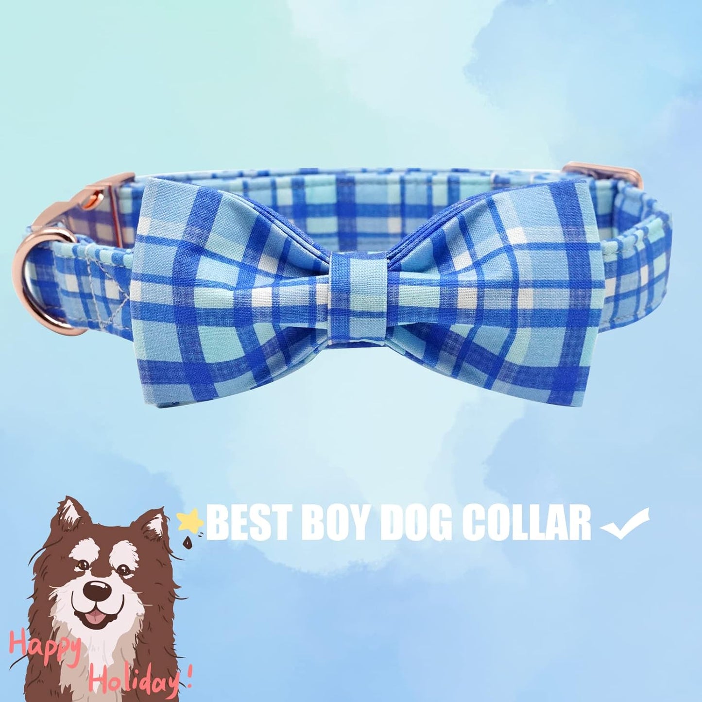 Elegant little tail Dog Collar with Bow - Blue Plaid Boy Dog Collar Cute Bowtie Pet Collar Adjustable Dog Collar for Large Dog